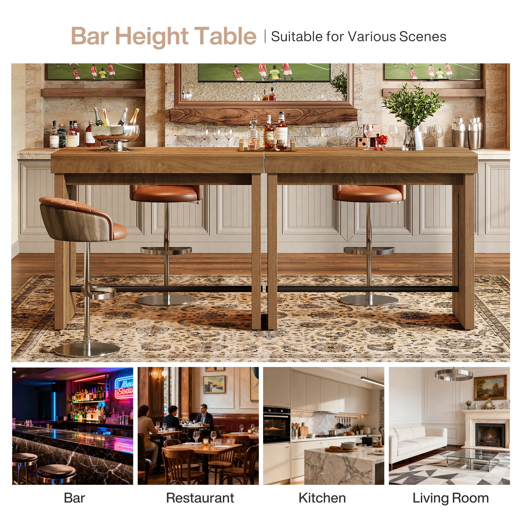 Table de bar 105 cm, Table haute avec repose-pieds, îlot de cuisine et table bistro de style champêtre