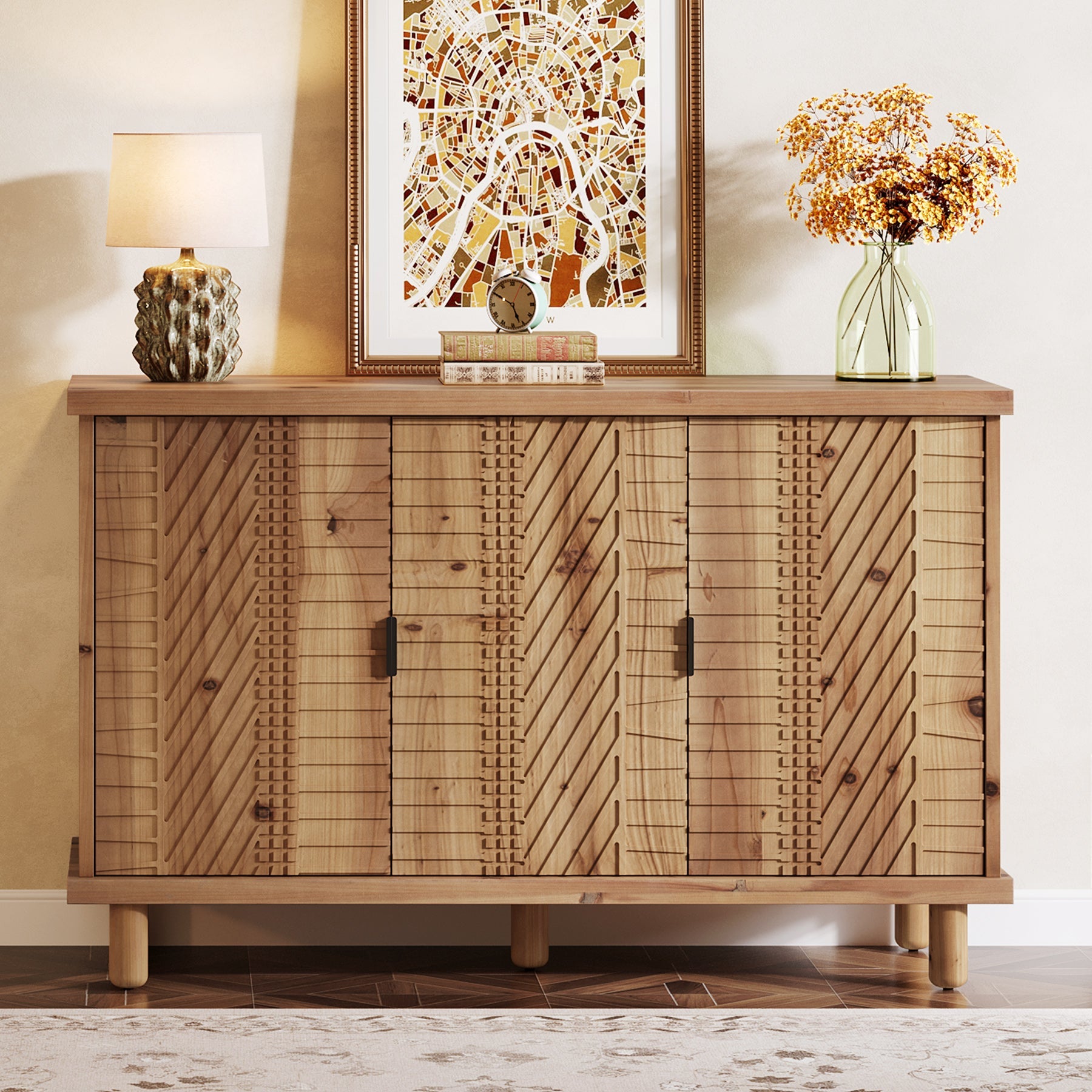 Tribesigns Buffet en bois massif avec espace de rangement, Meuble de style campagnard avec 3 portes et 2 étagères réglables
