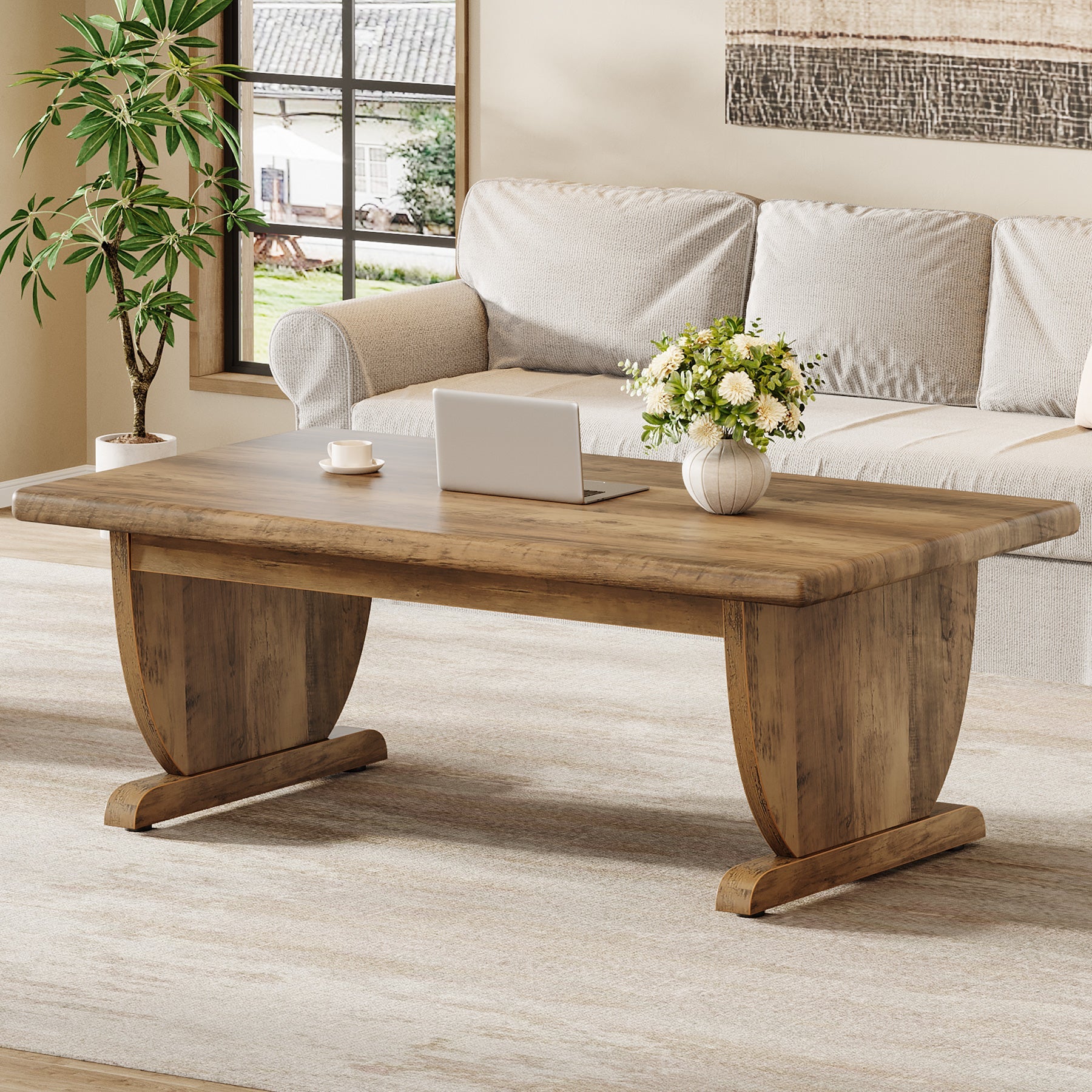 Tribesigns Table basse rectangulaire de 120 cm, Grande table en bois de style campagnard avec pied central robuste