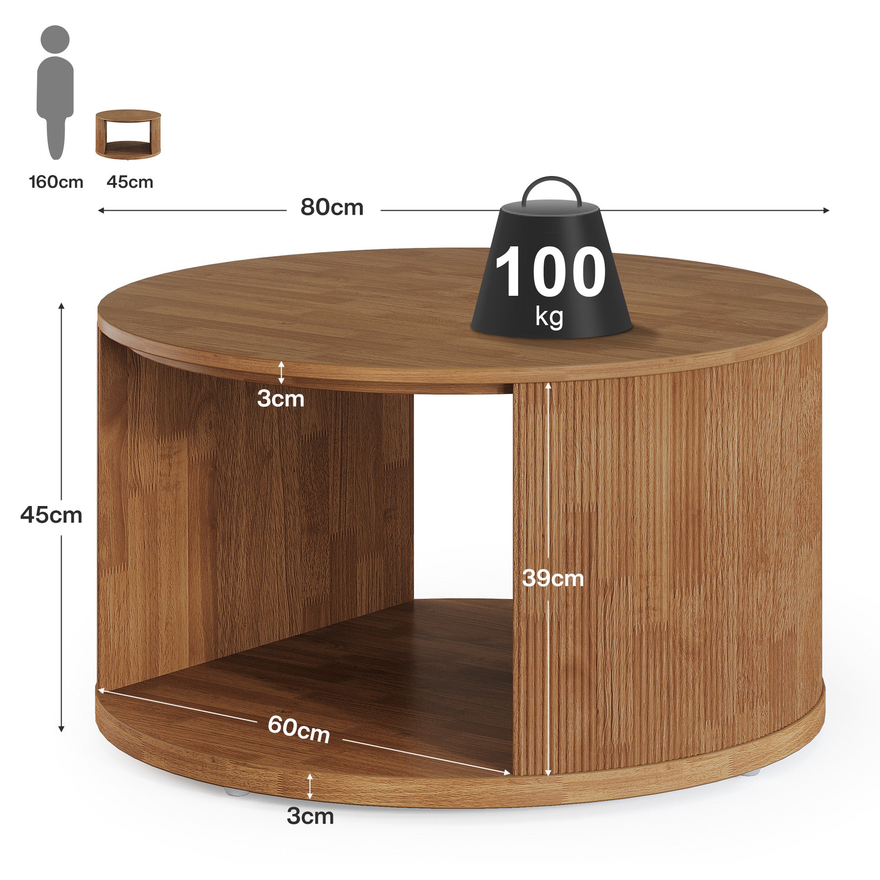 Tribesigns Table basse ronde de 80 cm avec pied à tambour strié et espace de rangement