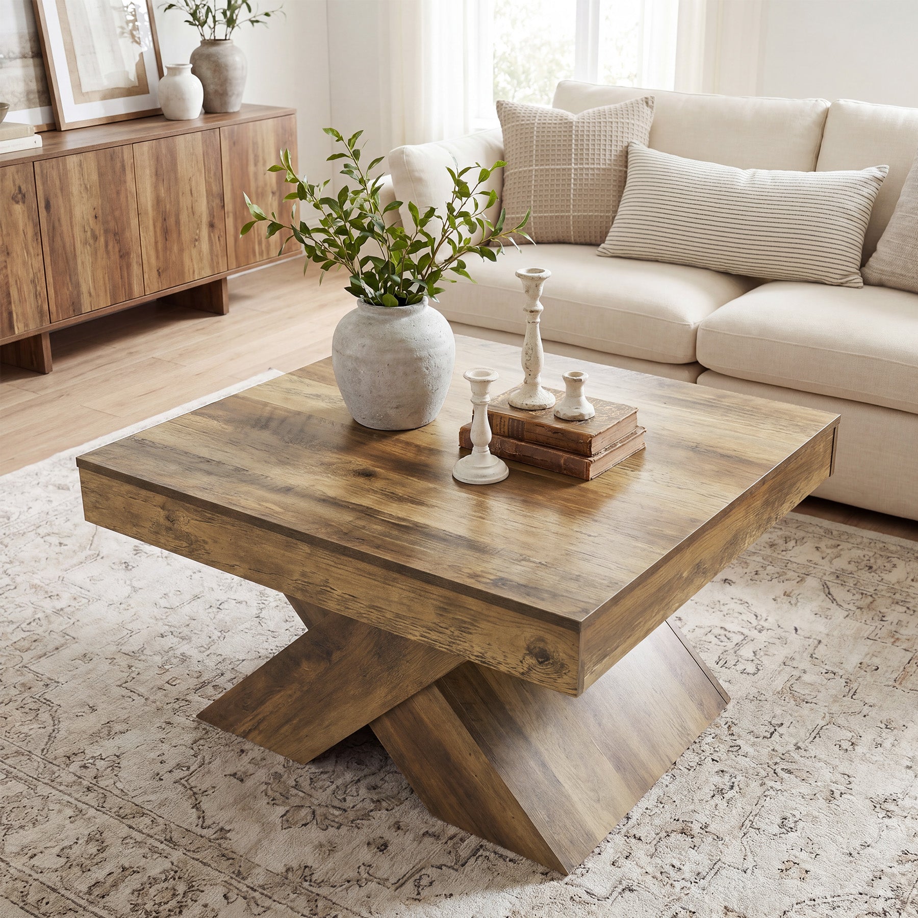 Table basse carrée 80 x 80 cm, Table de ferme en bois avec piètement en X pour salon et petits espaces