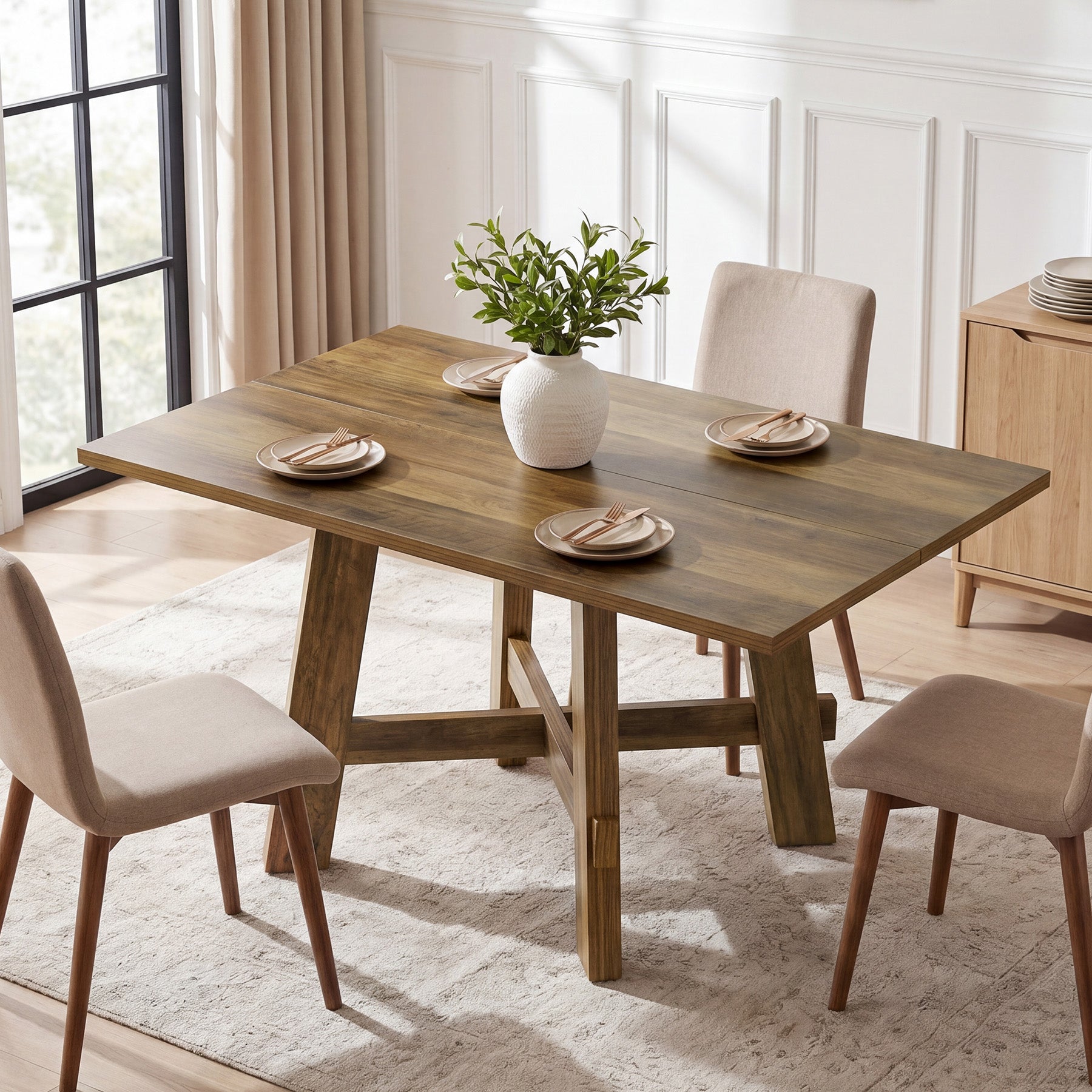 Tribesigns Table de salle à manger rustique de 140 cm pour 4 personnes avec traverse, Table de cuisine en bois pour appartement et salle à manger