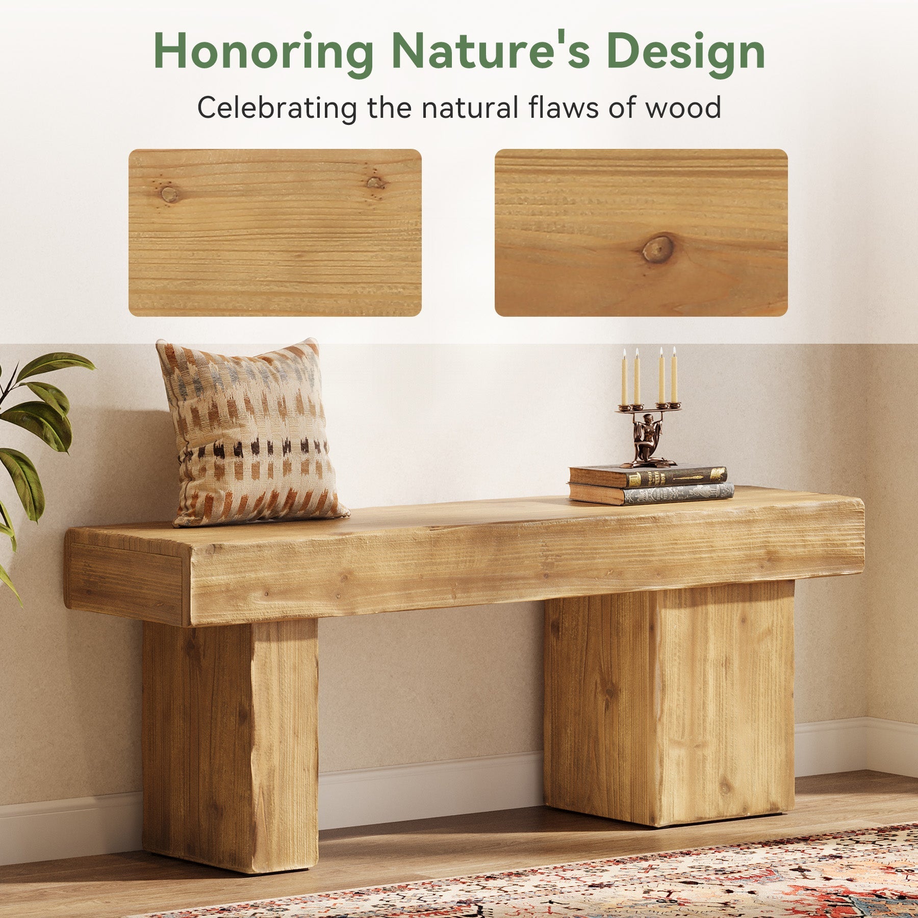 Banc d'entrée en bois massif de 119 cm, Style rustique avec assise épaisse