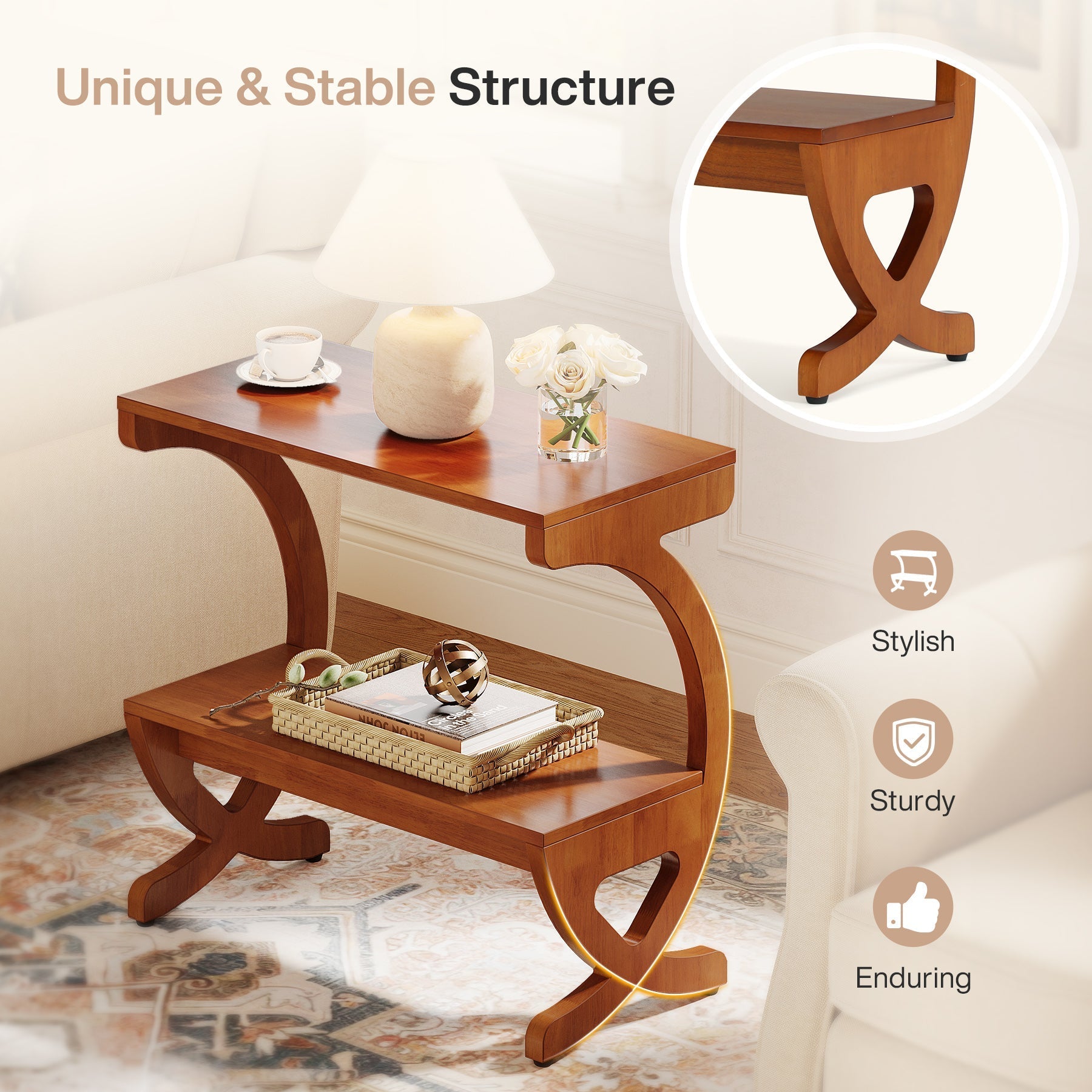 Tribesigns Table d'appoint en bois massif avec étagère, Table de chevet étroite à 2 niveaux de style mid-century