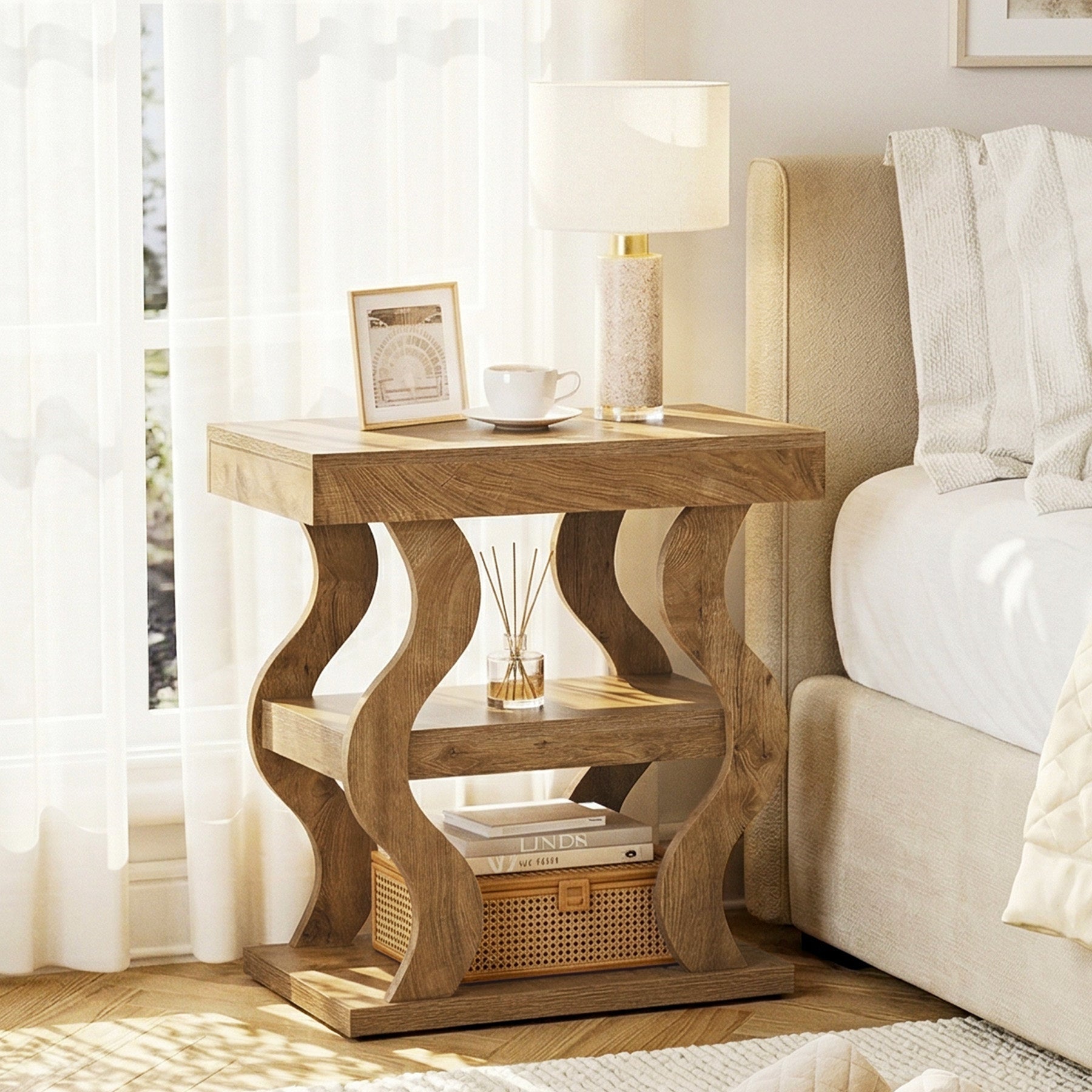 Tribesigns Table d'appoint style campagne 61 cm, Table de chevet étroite à 3 niveaux avec rangement
