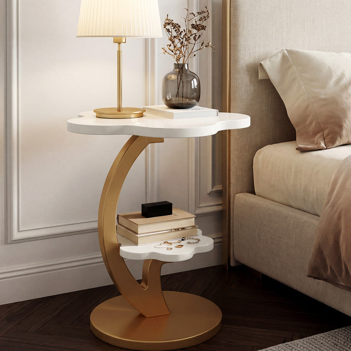 Tribesigns Table d'appoint ronde à 2 niveaux avec structure en C, Petite table de chevet compacte, blanc et doré