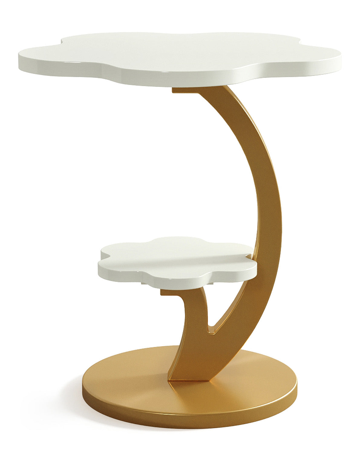 Tribesigns Table d'appoint ronde à 2 niveaux avec structure en C, Petite table de chevet compacte, blanc et doré