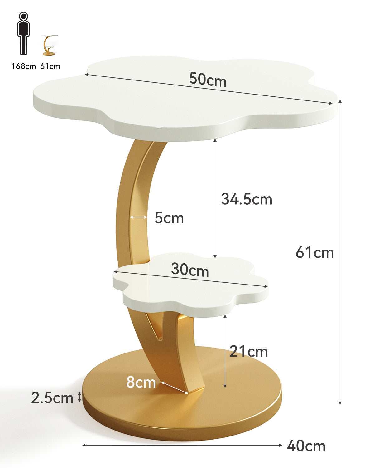 Tribesigns Table d'appoint ronde à 2 niveaux avec structure en C, Petite table de chevet compacte, blanc et doré