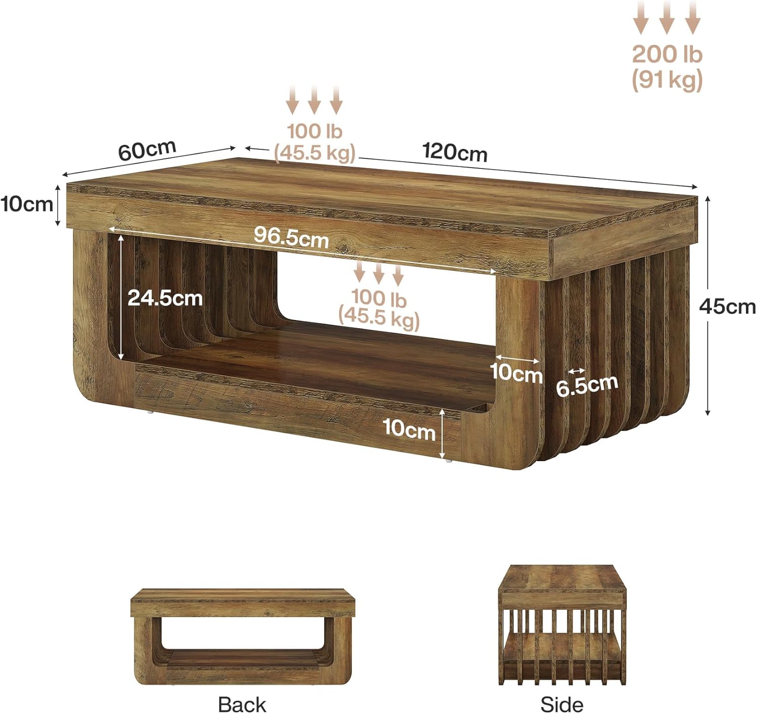 120 cm Rustikaler 2 stöckiger Couchtisch & Stauraum