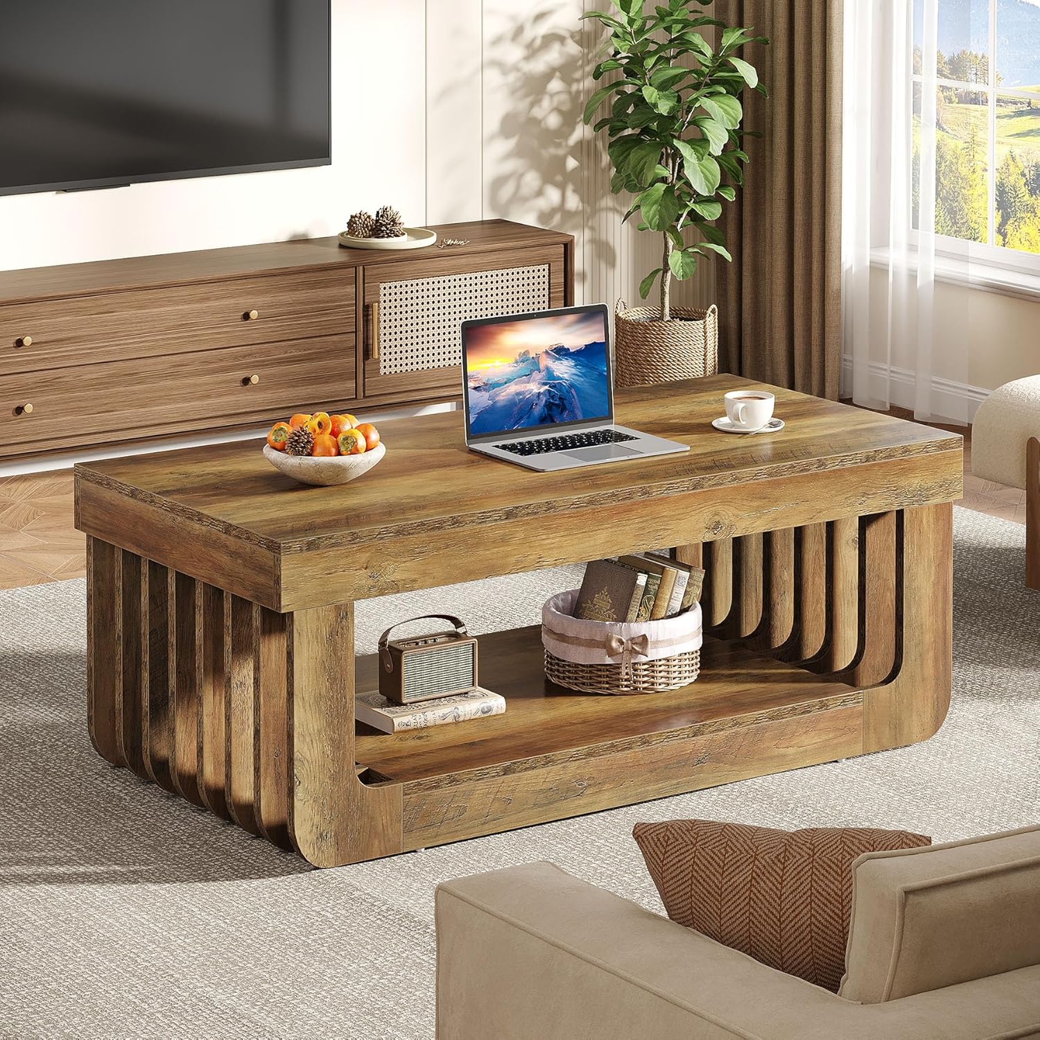 120 cm Rustikaler 2 stöckiger Couchtisch & Stauraum