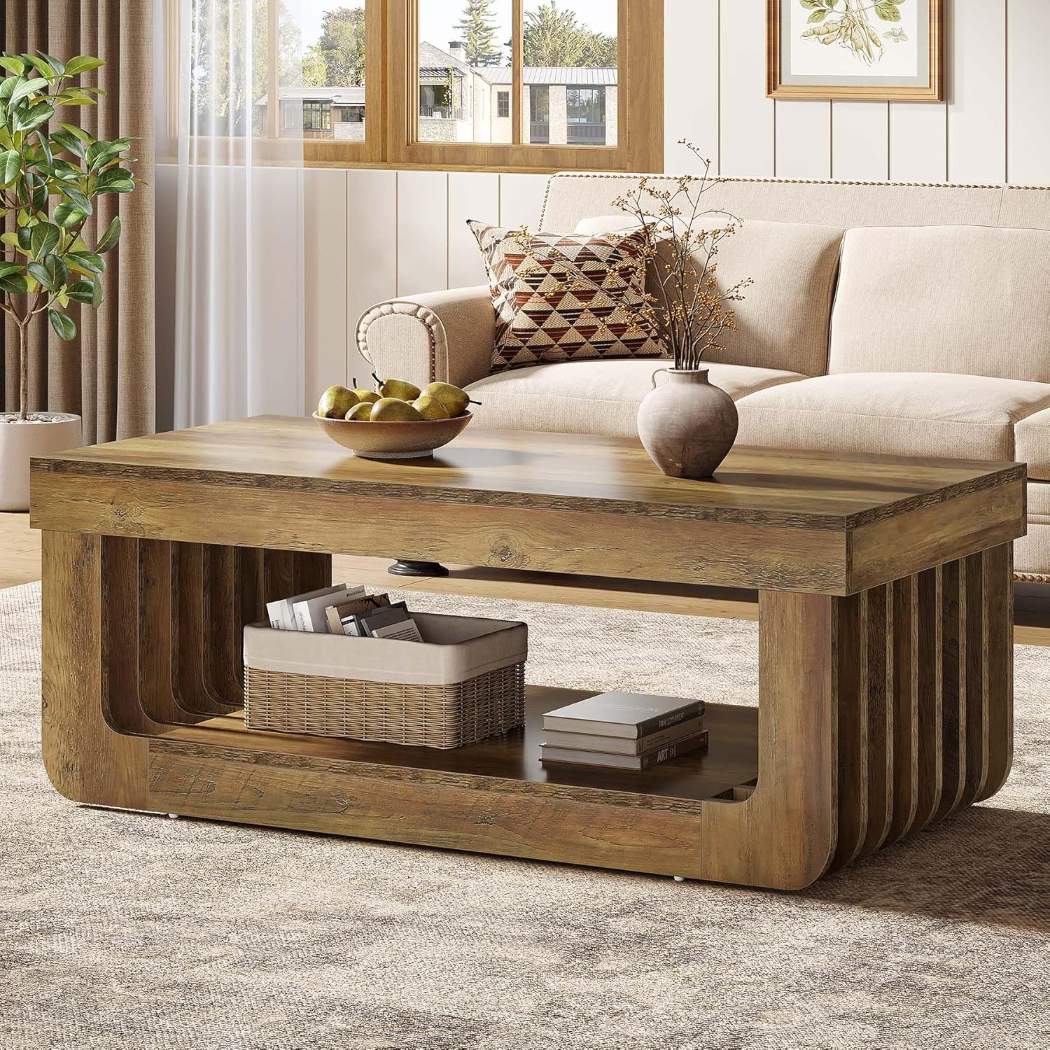 120 cm Rustikaler 2 stöckiger Couchtisch & Stauraum