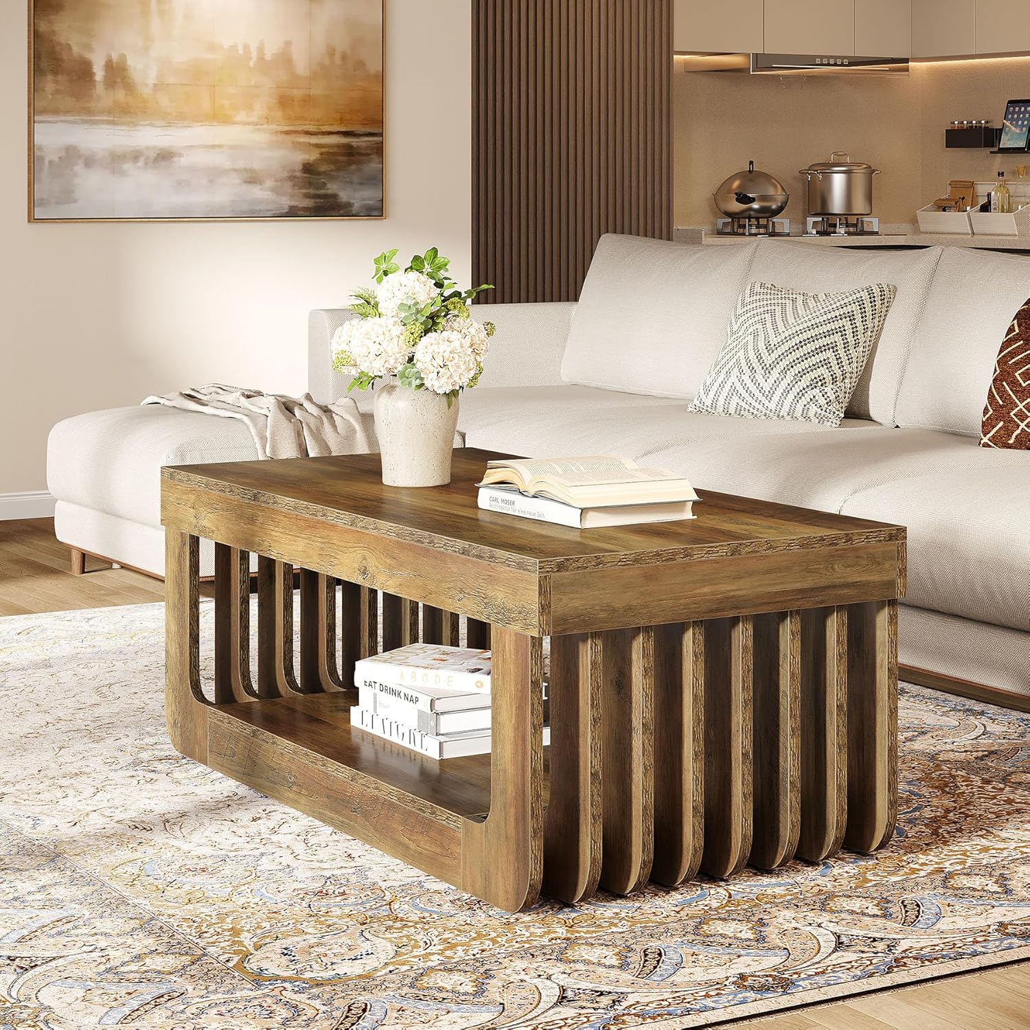 120 cm Rustikaler 2 stöckiger Couchtisch & Stauraum