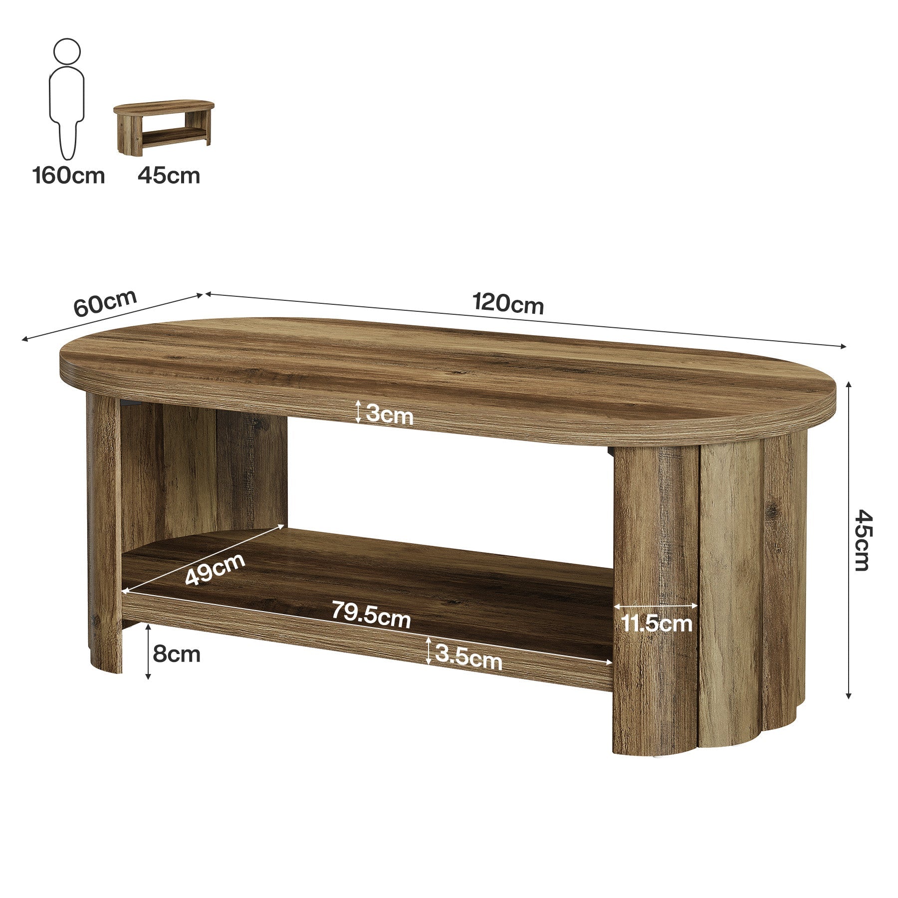 Tribesigns Table basse ovale 120 cm avec compartiment de rangement, Table de salon maison de campagne avec pied rainuré