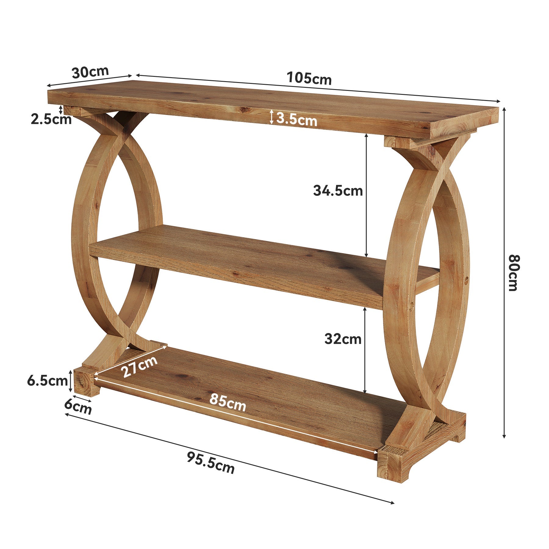 Tribesigns Console en bois massif de 105 cm, Table d'appoint étroite avec 3 étagères et un design en forme de queue de poisson sur les côtés