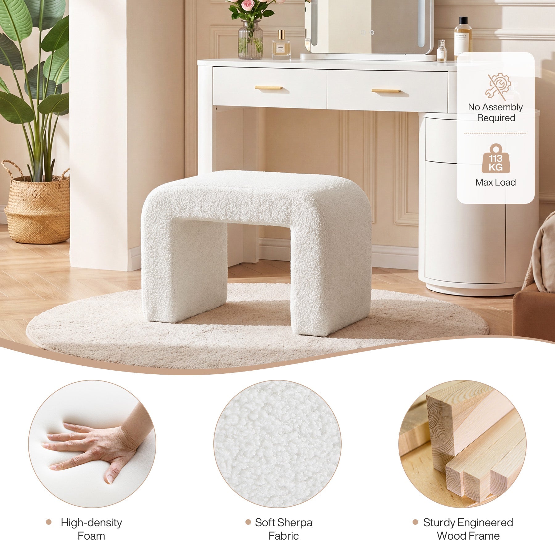 Tabouret rembourré en sherpa, Tabouret de coiffeuse moderne avec revêtement en peluche
