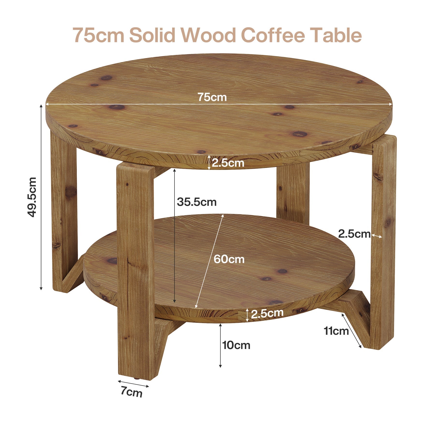 Tribesigns Table basse ronde en bois massif 80 cm 2 niveaux