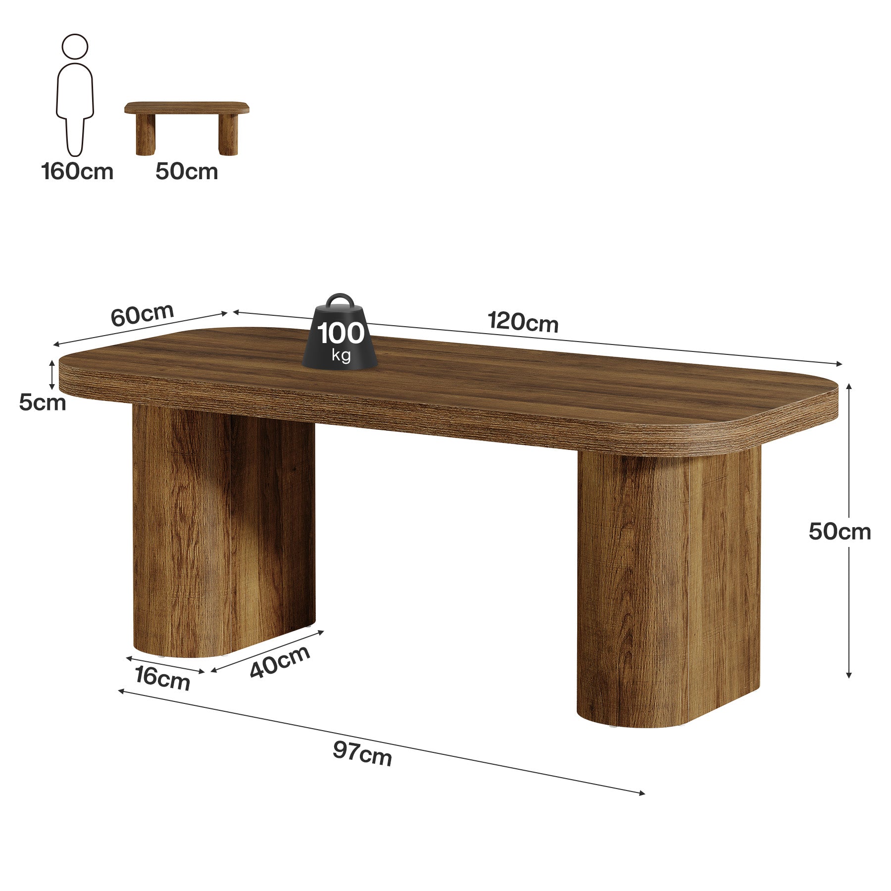 Table basse moderne de 120 cm, Table de salon robuste de style champêtre