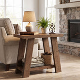 Table d'appoint en bois massif, Petite table de chevet à 2 niveaux Table de chambre moderne avec étagère 3