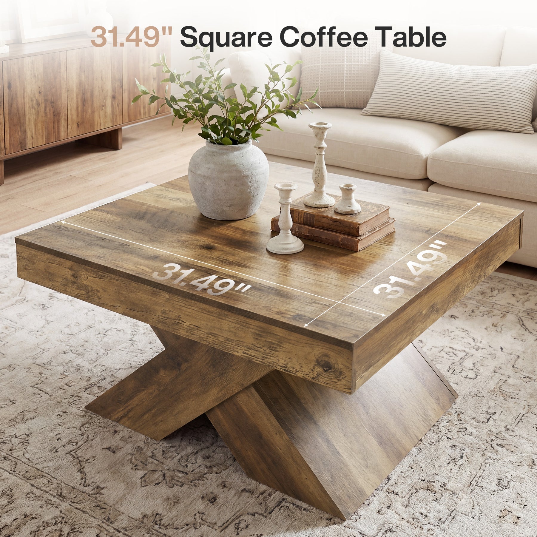Table basse carrée 80 x 80 cm, Table de ferme en bois avec piètement en X pour salon et petits espaces