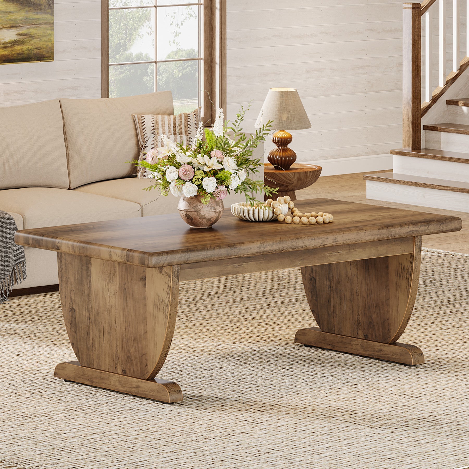 Tribesigns Table basse rectangulaire de 120 cm, Grande table en bois de style campagnard avec pied central robuste