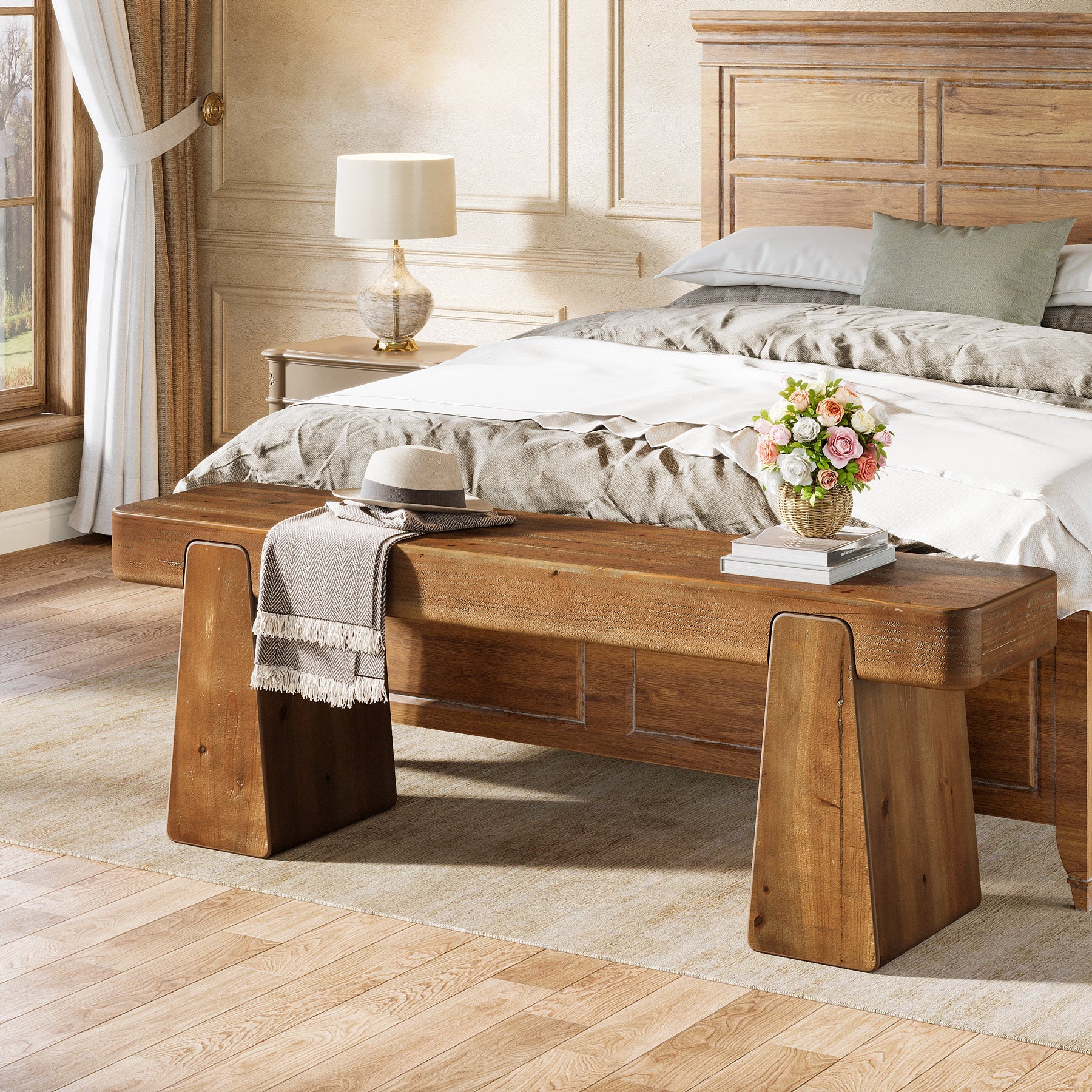 Tribesigns Banc en bois massif 120 cm, Style champêtre avec pieds renforcés