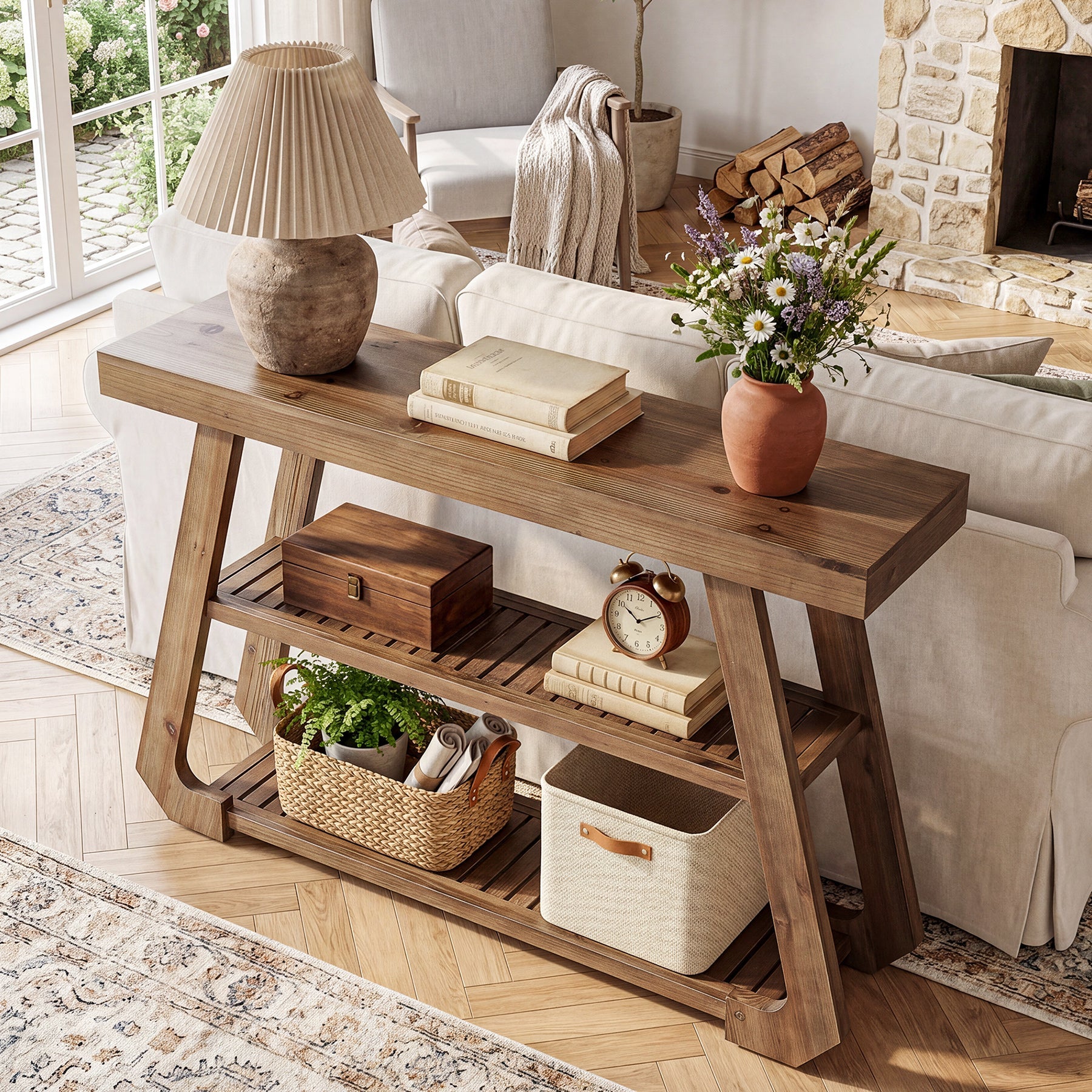 Tribesigns Console en bois massif de 105 cm avec 3 étagères, Style campagnard avec piètement en A