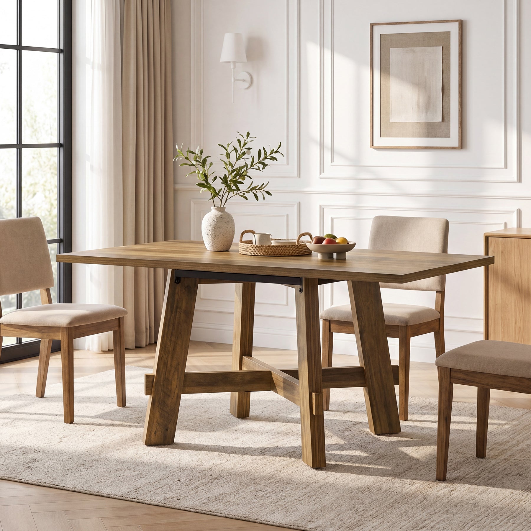 Tribesigns Table de salle à manger rustique de 140 cm pour 4 personnes avec traverse, Table de cuisine en bois pour appartement et salle à manger