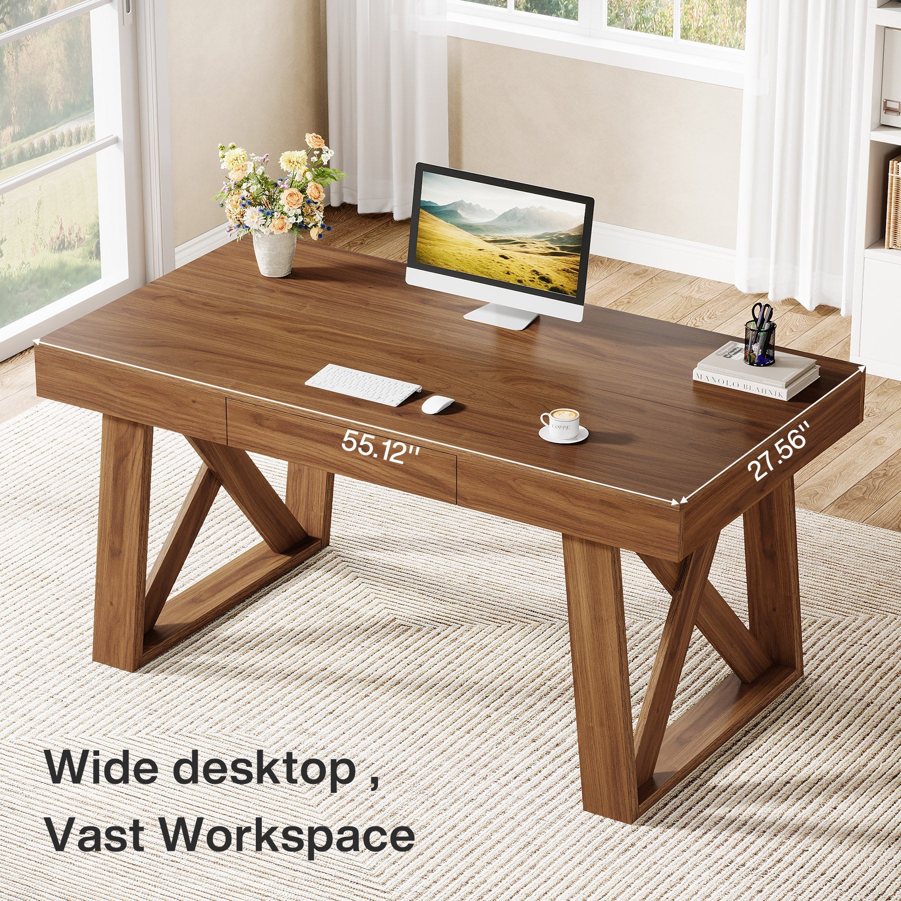 Tribesigns Bureau 140cm de Large avec Tiroir, Table d'étude Rétro Brun