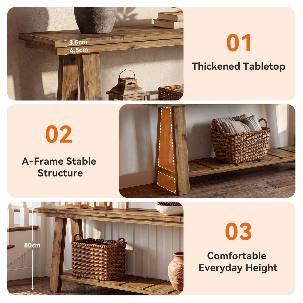 Tribesigns Table console en bois massif de 200 cm, Table d'entrée étroite avec 2 étagères