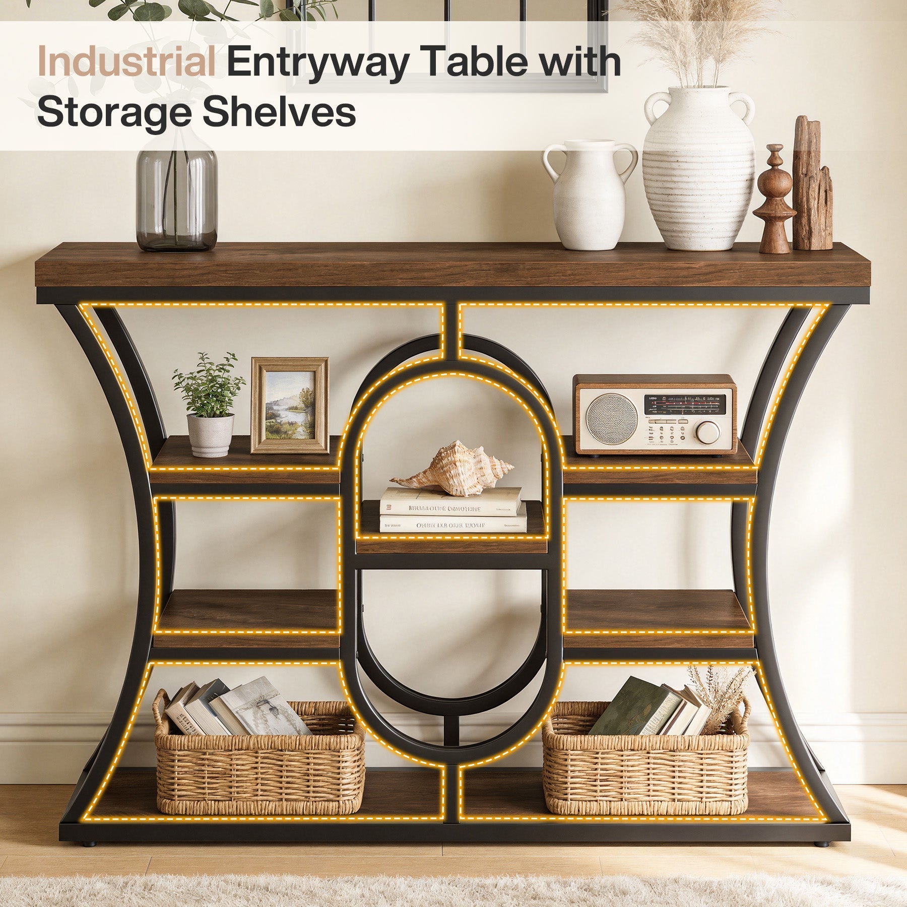 Tribesigns Console étroite de 105 cm, Table d'appoint style industriel à 5 niveaux