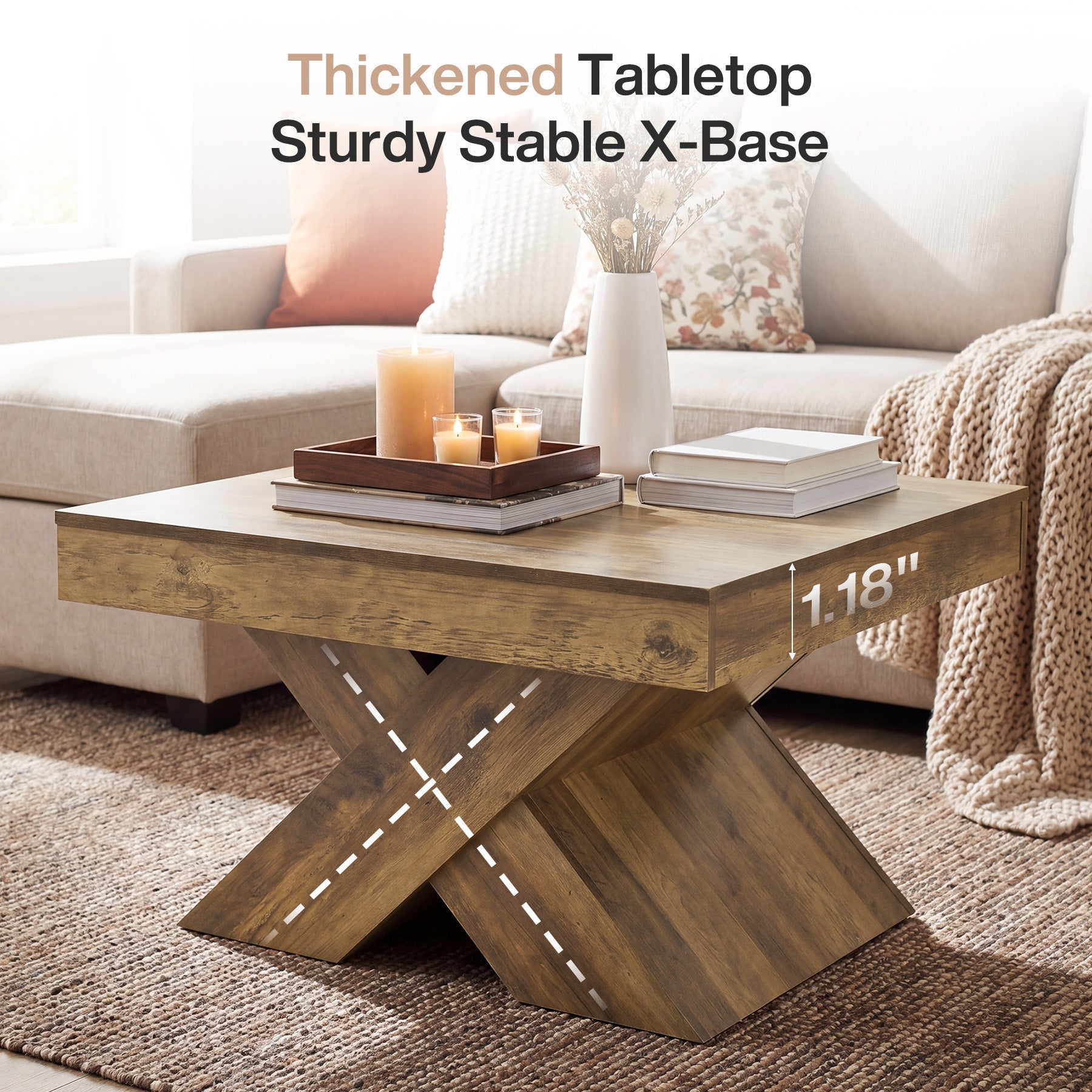 Table basse carrée 80 x 80 cm, Table de ferme en bois avec piètement en X pour salon et petits espaces