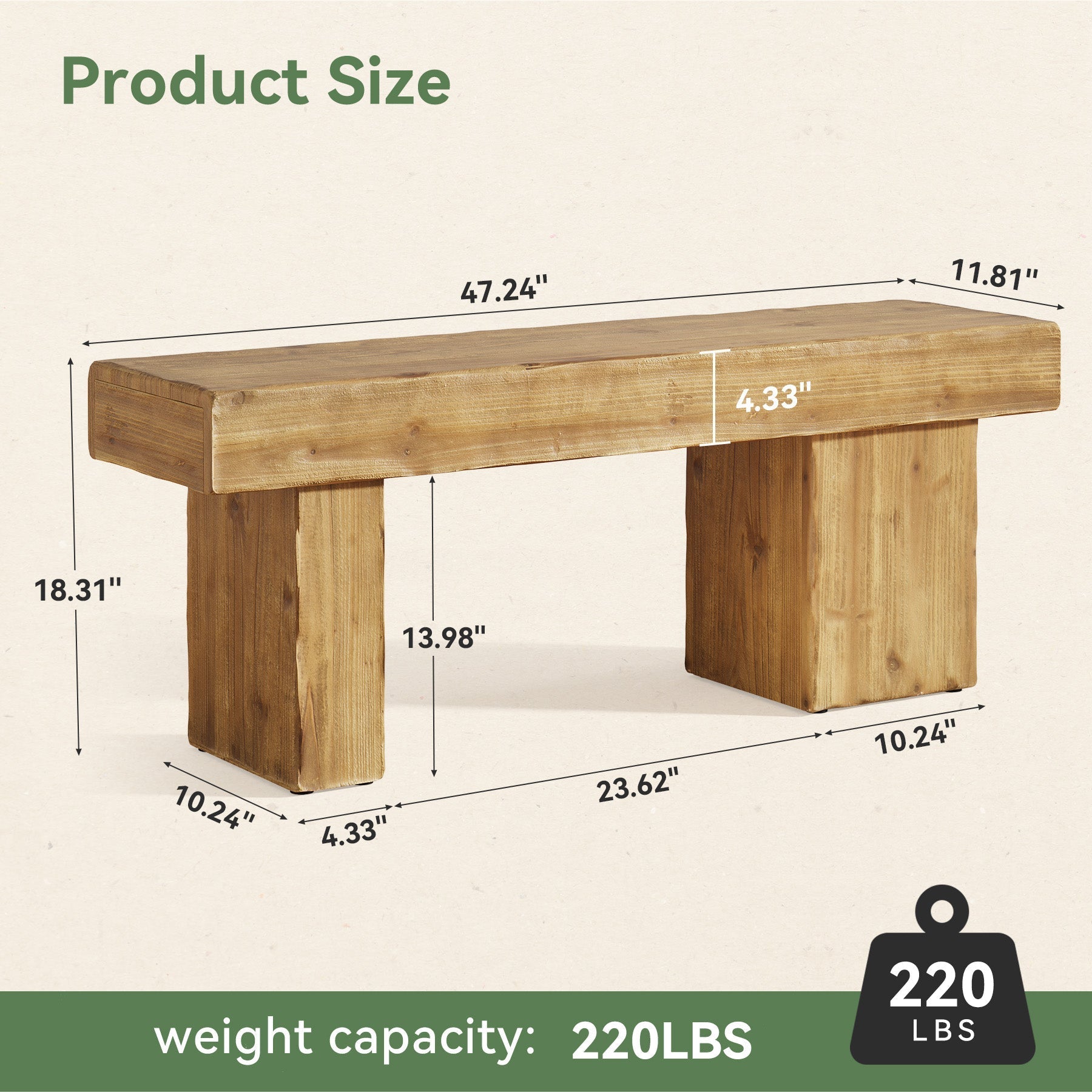 Banc d'entrée en bois massif de 119 cm, Style rustique avec assise épaisse