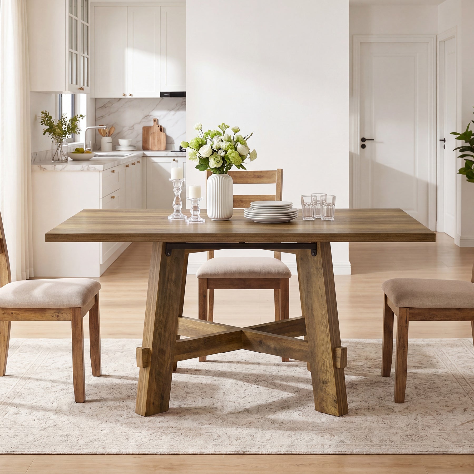 Tribesigns Table de salle à manger rustique de 140 cm pour 4 personnes avec traverse, Table de cuisine en bois pour appartement et salle à manger