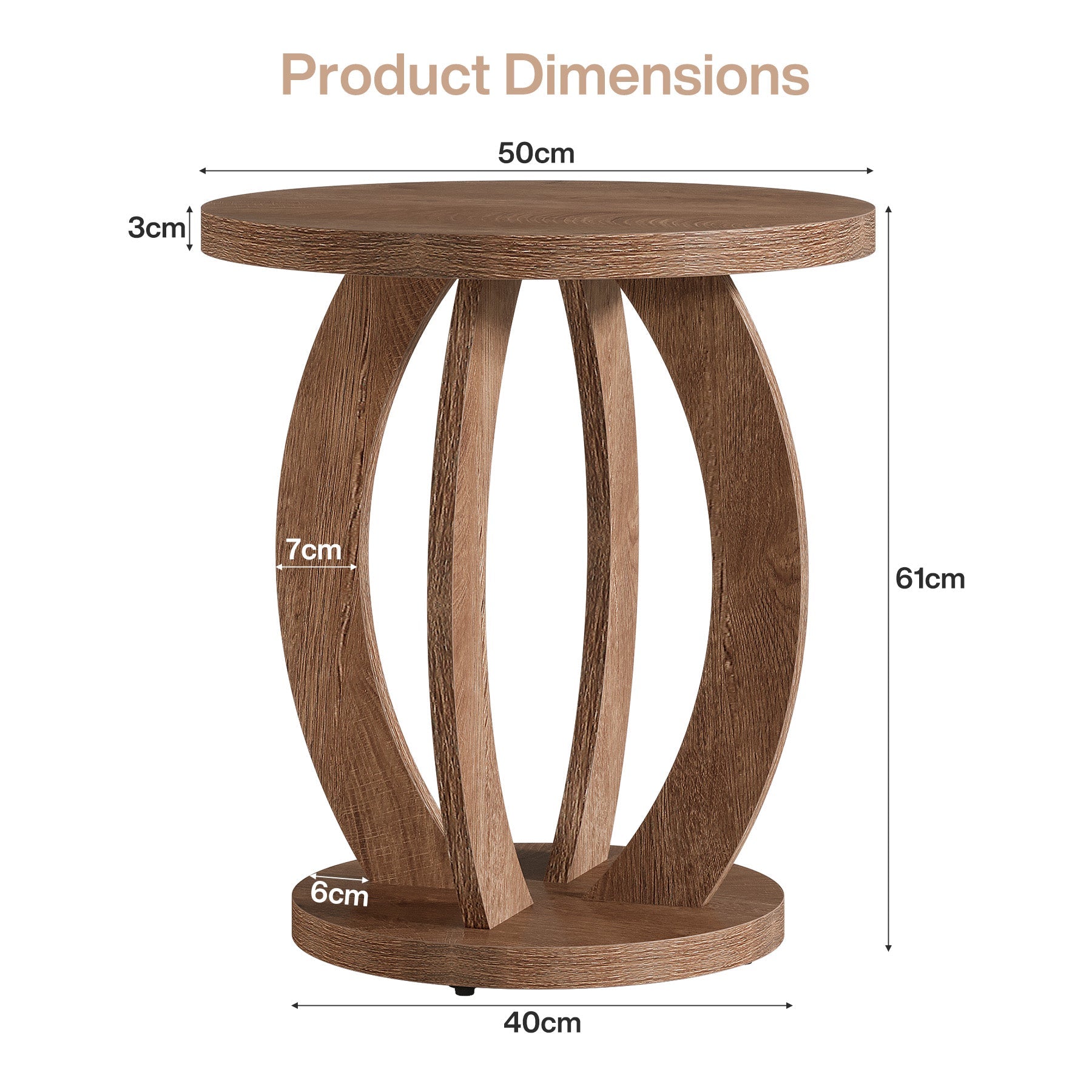 Tribesigns Table d'appoint de style campagnard de 50 cm avec plateau rond et rangement Brun rustique