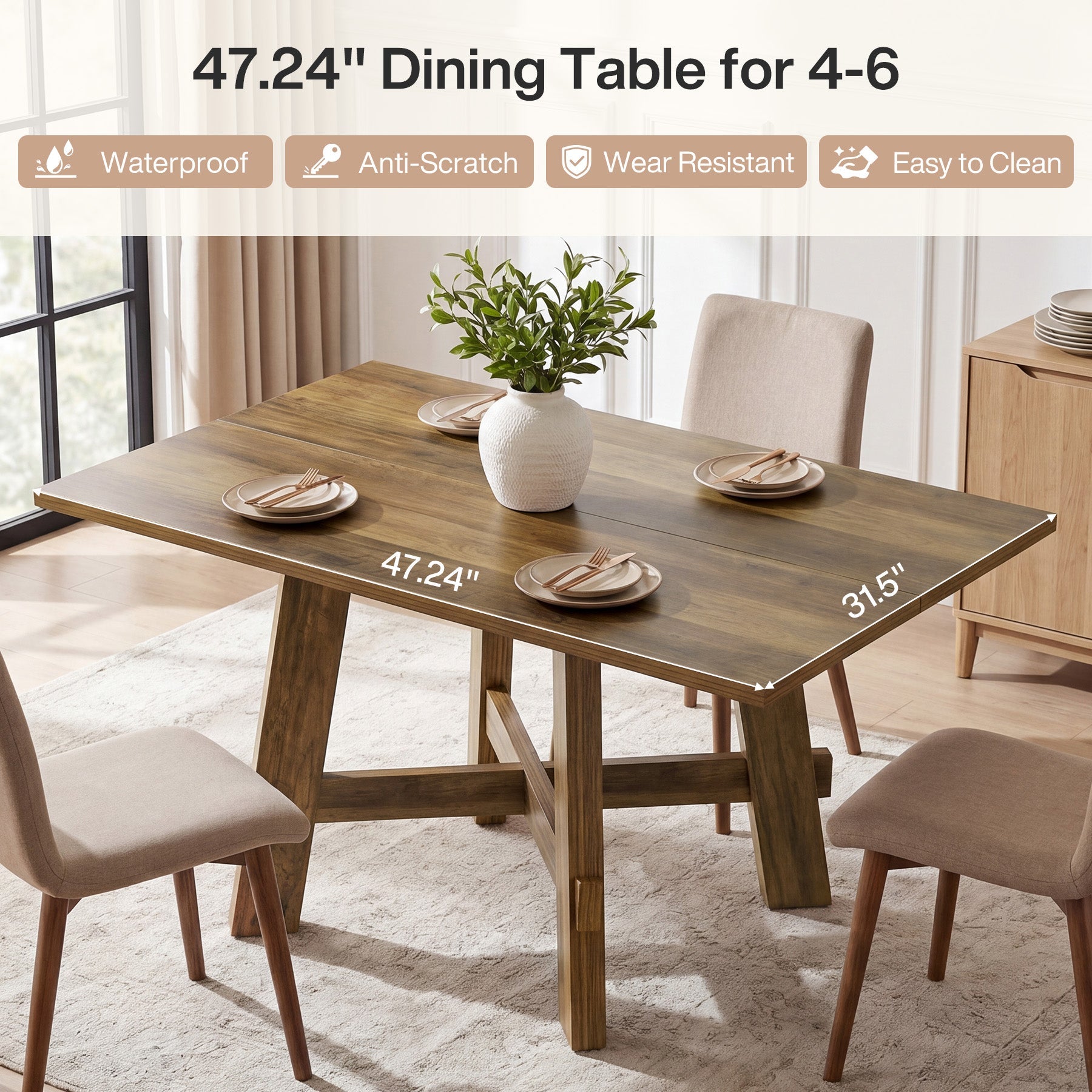 Tribesigns Table de salle à manger rustique de 140 cm pour 4 personnes avec traverse, Table de cuisine en bois pour appartement et salle à manger