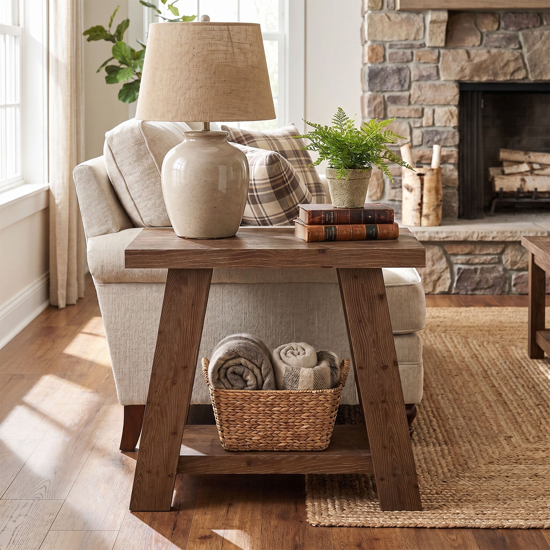 Table d'appoint en bois massif, Petite table de chevet à 2 niveaux Table de chambre moderne avec étagère