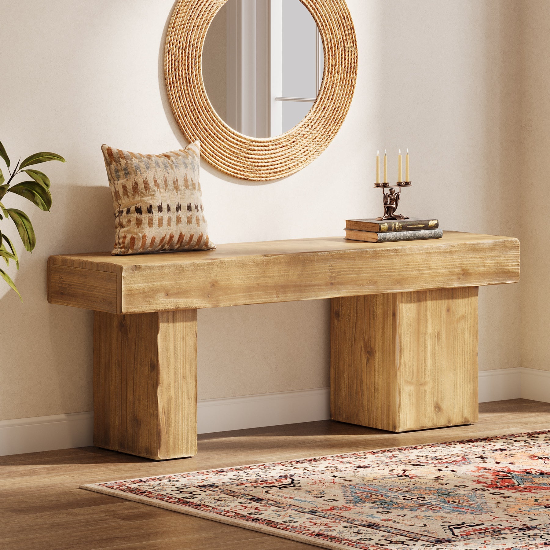 Banc d'entrée en bois massif de 119 cm, Style rustique avec assise épaisse