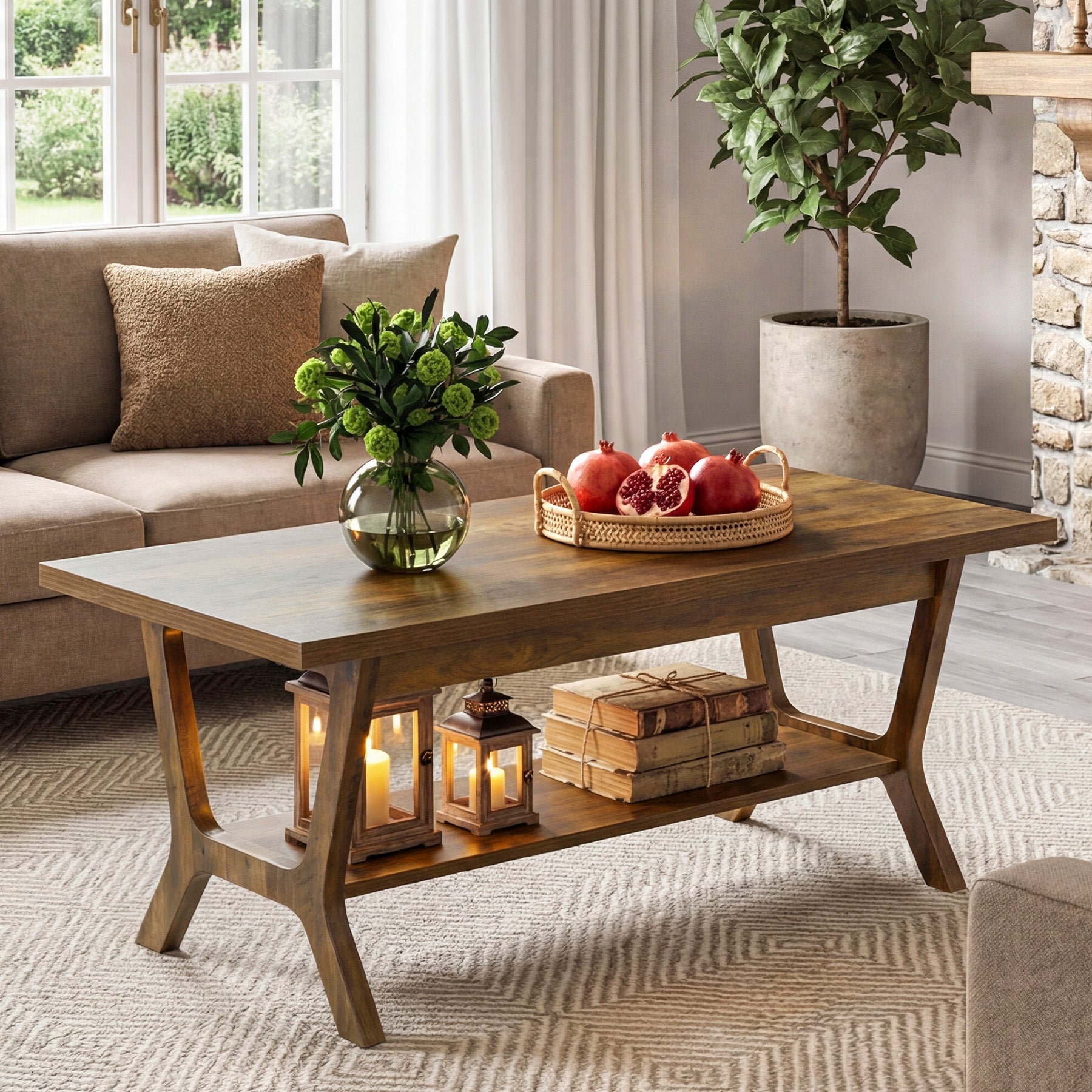 Tribesigns Table basse 120 cm avec étagère, Table de salon rectangulaire avec rangement style champêtre