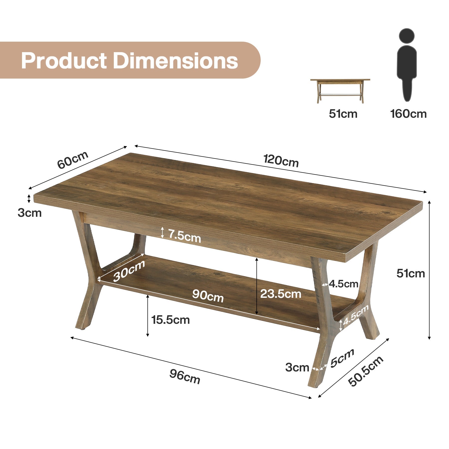 Tribesigns Table basse 120 cm avec étagère, Table de salon rectangulaire avec rangement style champêtre