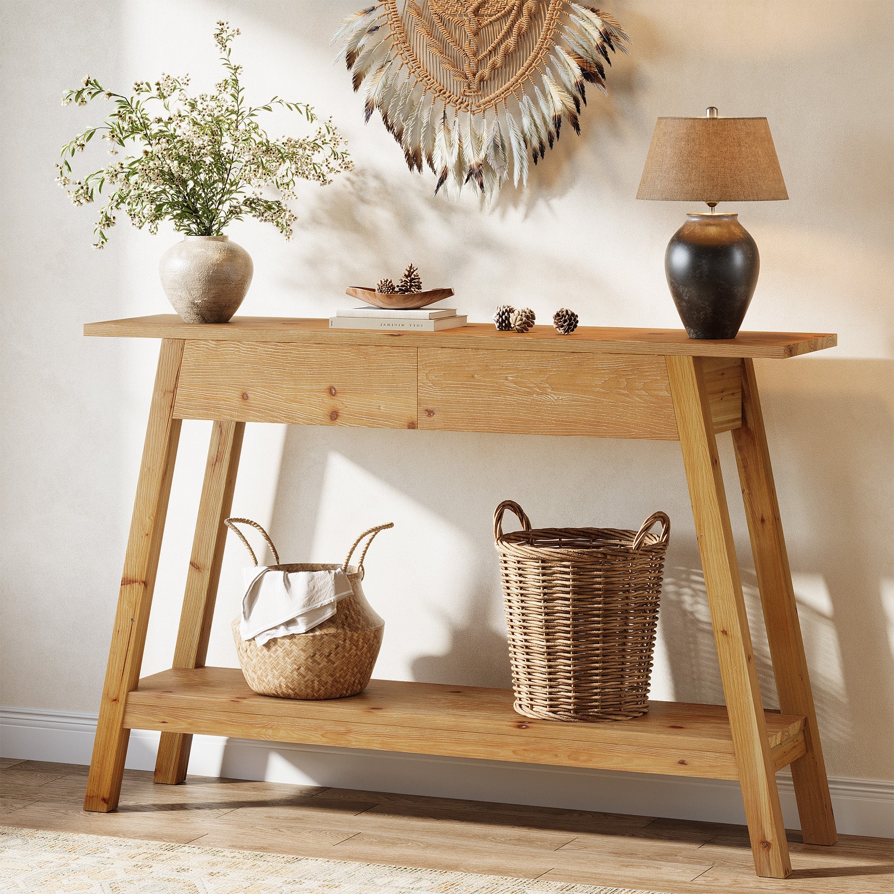 Tribesigns Console en bois massif 110 cm avec 2 tiroirs, Table d'entrée étroite avec étagère