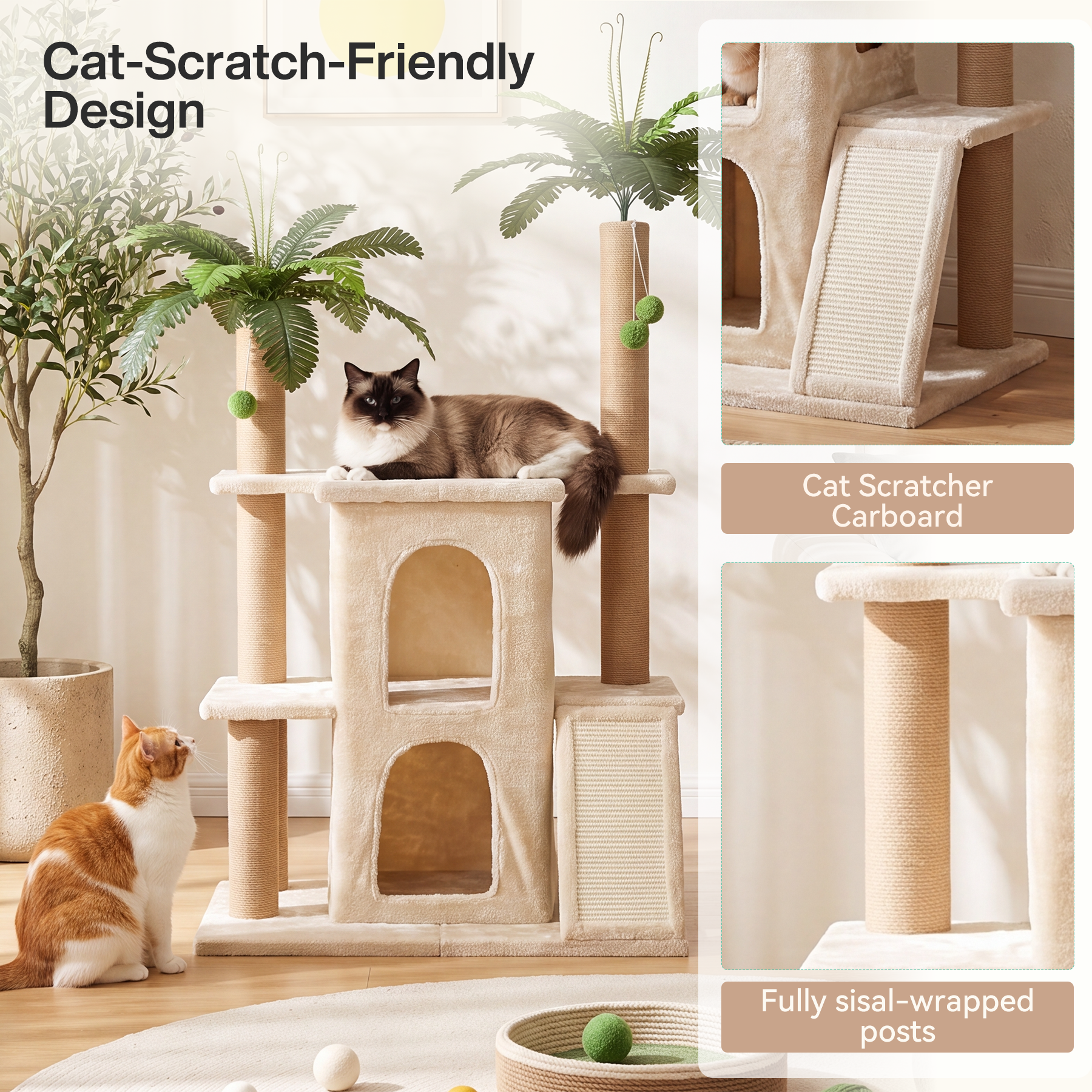 Tribesigns Arbre à chat avec 2 niches en peluche et poteaux en sisal, Grand arbre à chat pour plusieurs chats d'intérieur
