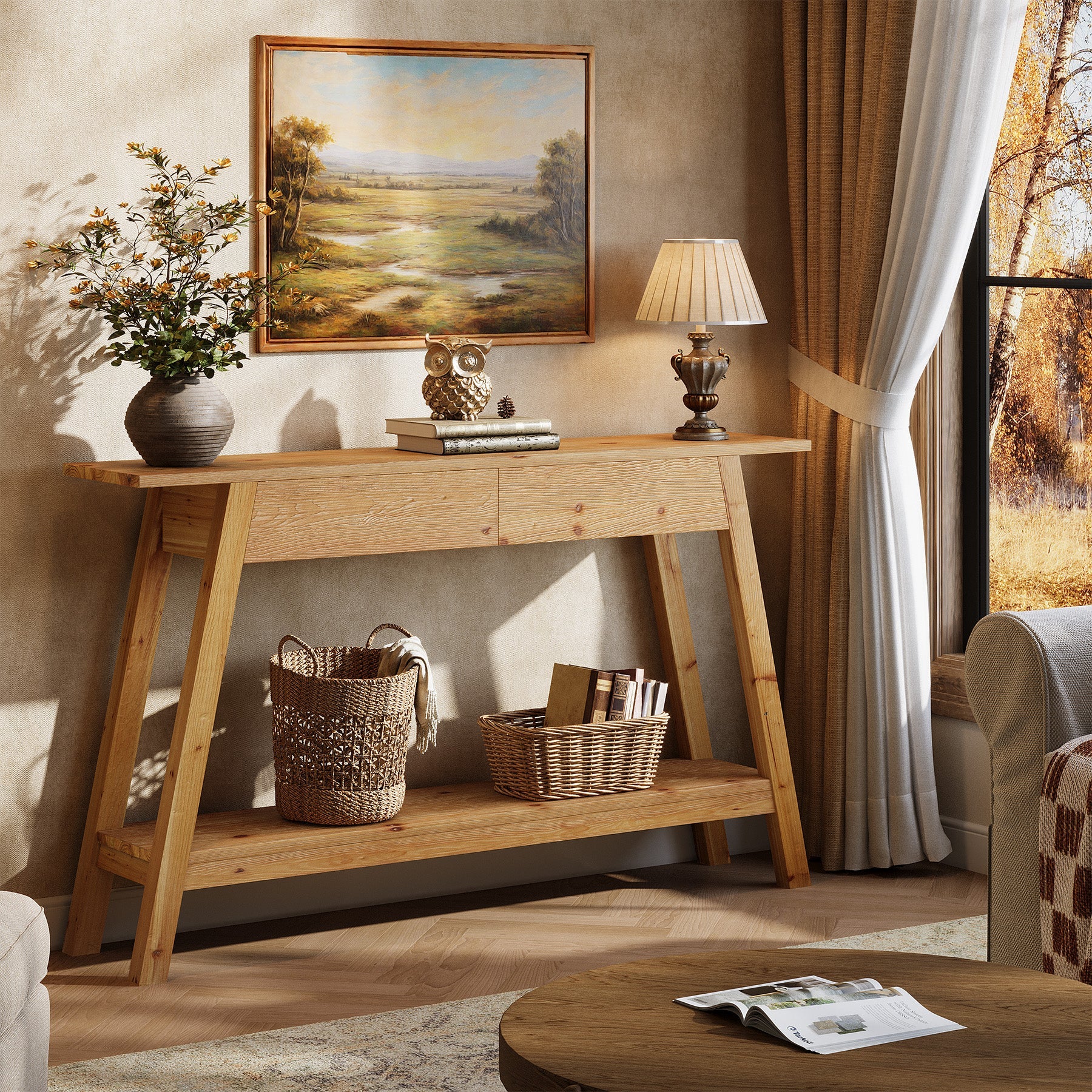 Tribesigns Console en bois massif 110 cm avec 2 tiroirs, Table d'entrée étroite avec étagère
