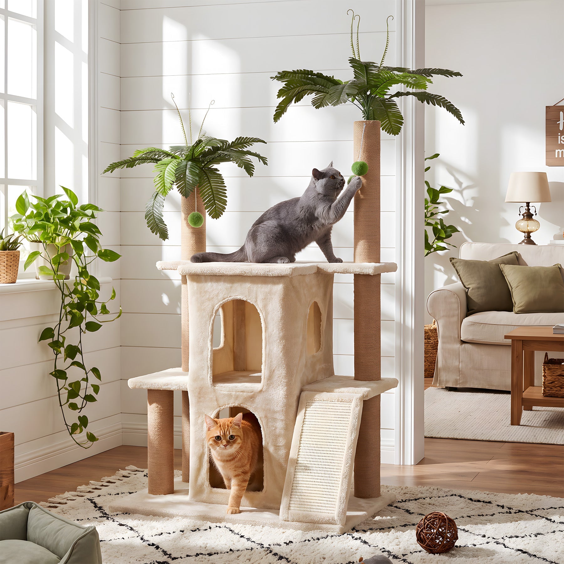 Tribesigns Arbre à chat avec 2 niches en peluche et poteaux en sisal, Grand arbre à chat pour plusieurs chats d'intérieur