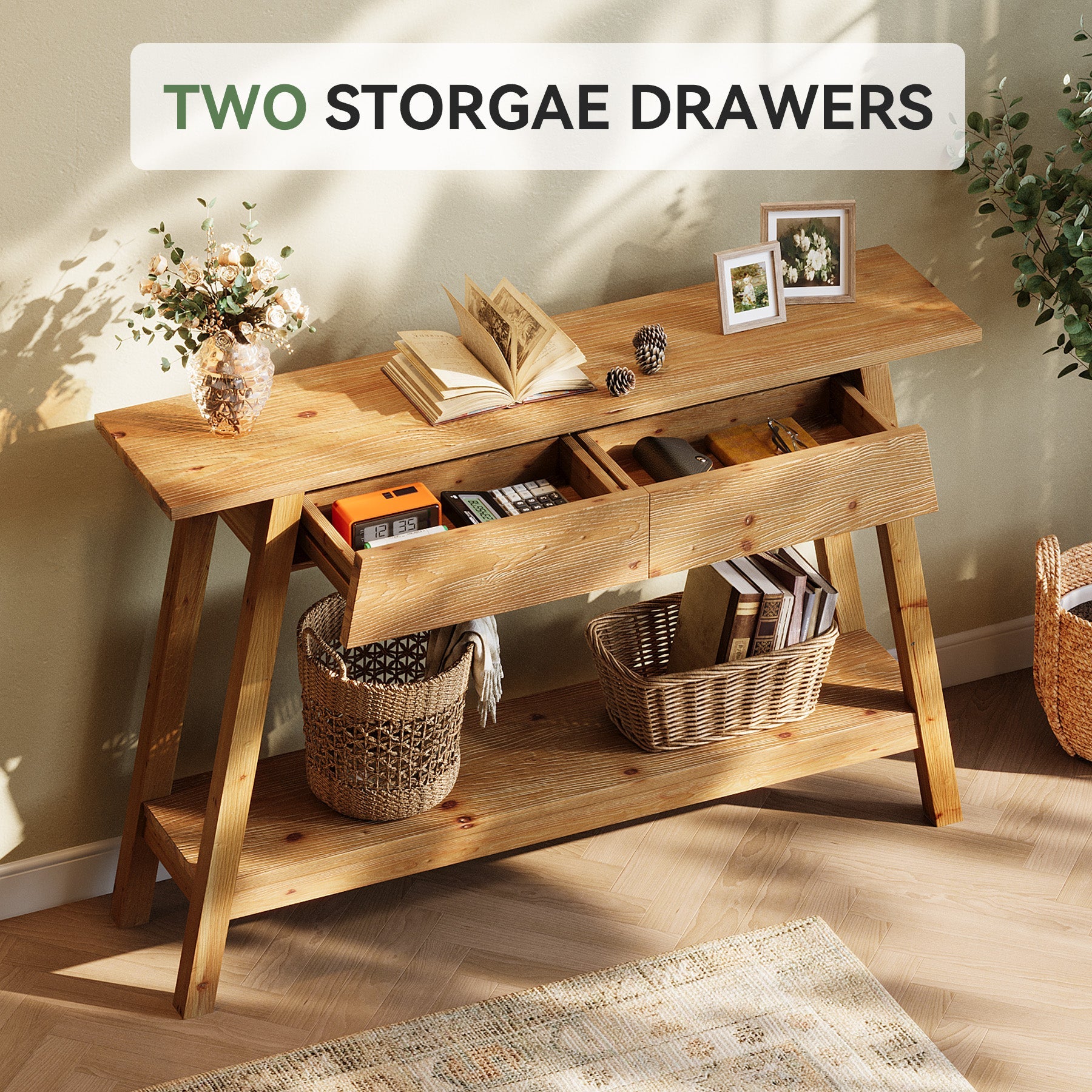 Tribesigns Console en bois massif 110 cm avec 2 tiroirs, Table d'entrée étroite avec étagère