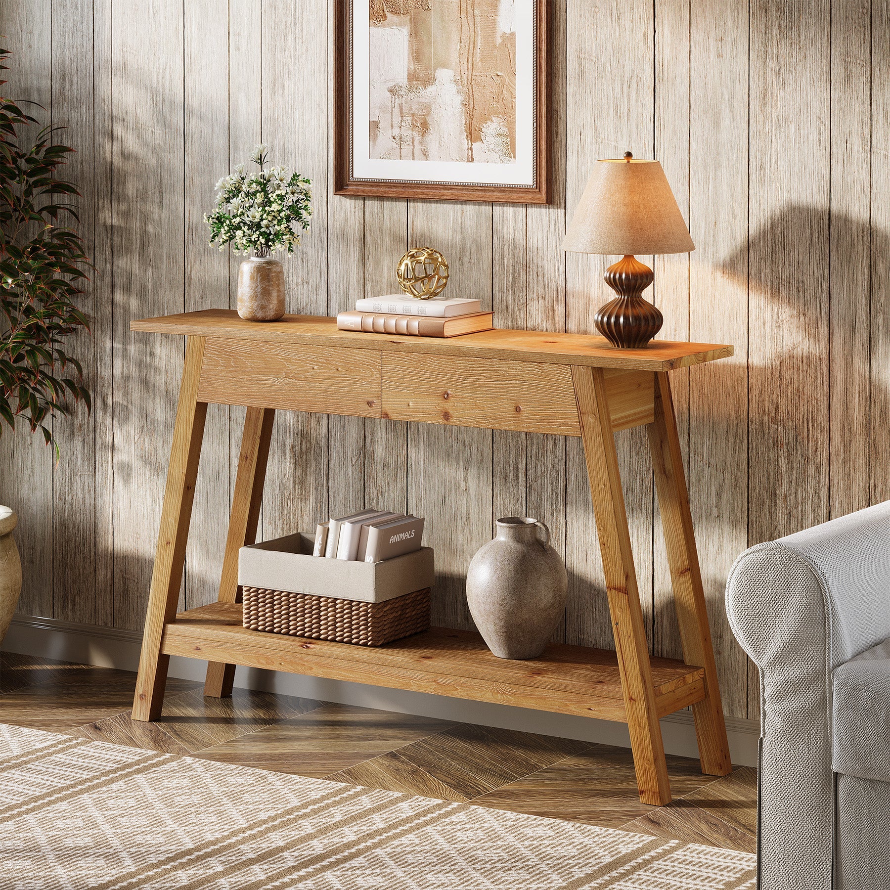 Tribesigns Console en bois massif 110 cm avec 2 tiroirs, Table d'entrée étroite avec étagère
