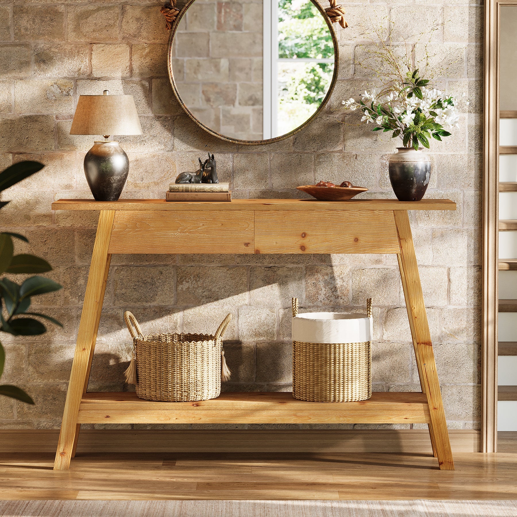 Tribesigns Console en bois massif 110 cm avec 2 tiroirs, Table d'entrée étroite avec étagère