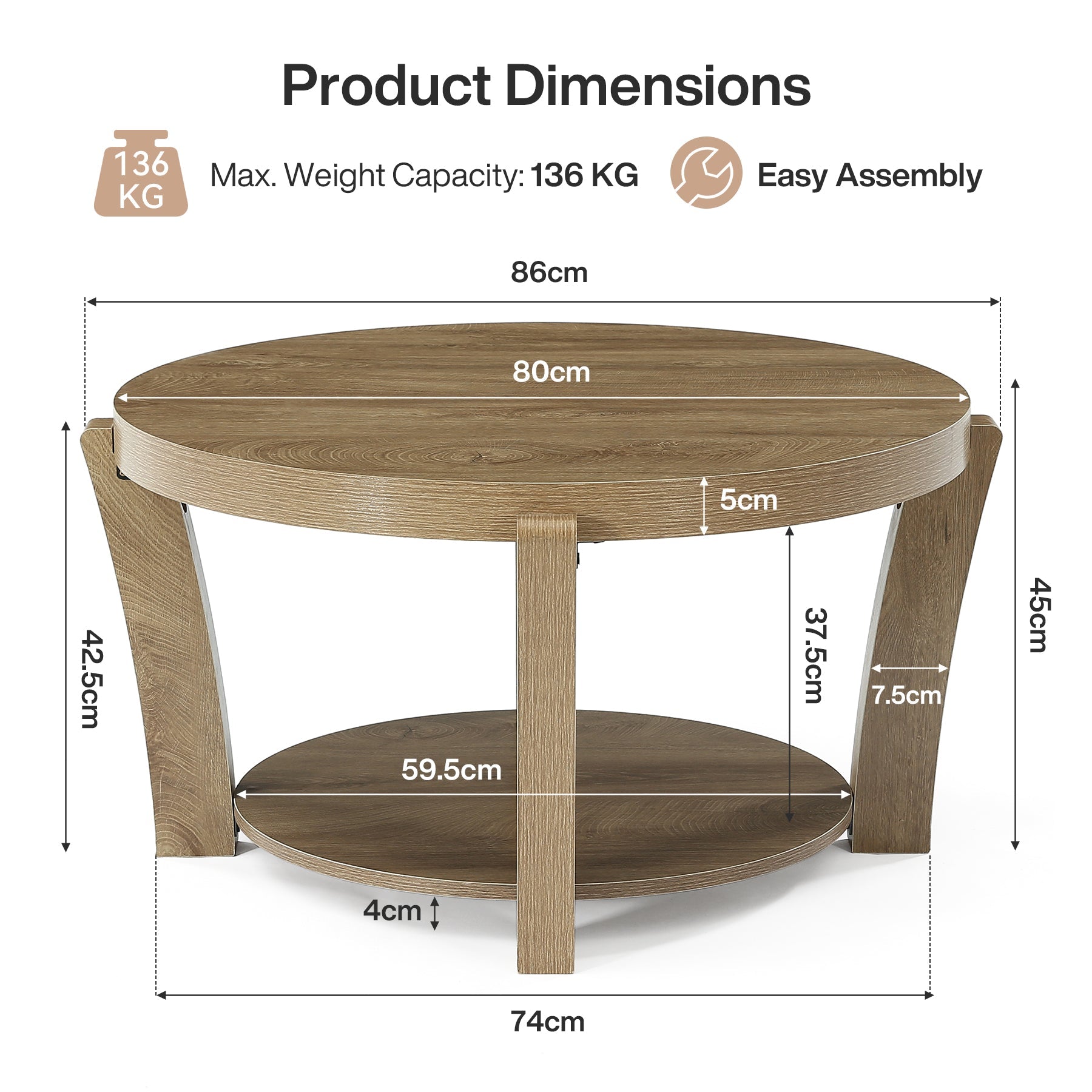 Tribesigns Table basse ronde de 80 cm avec rangement à deux niveaux, Table basse en bois pour salon