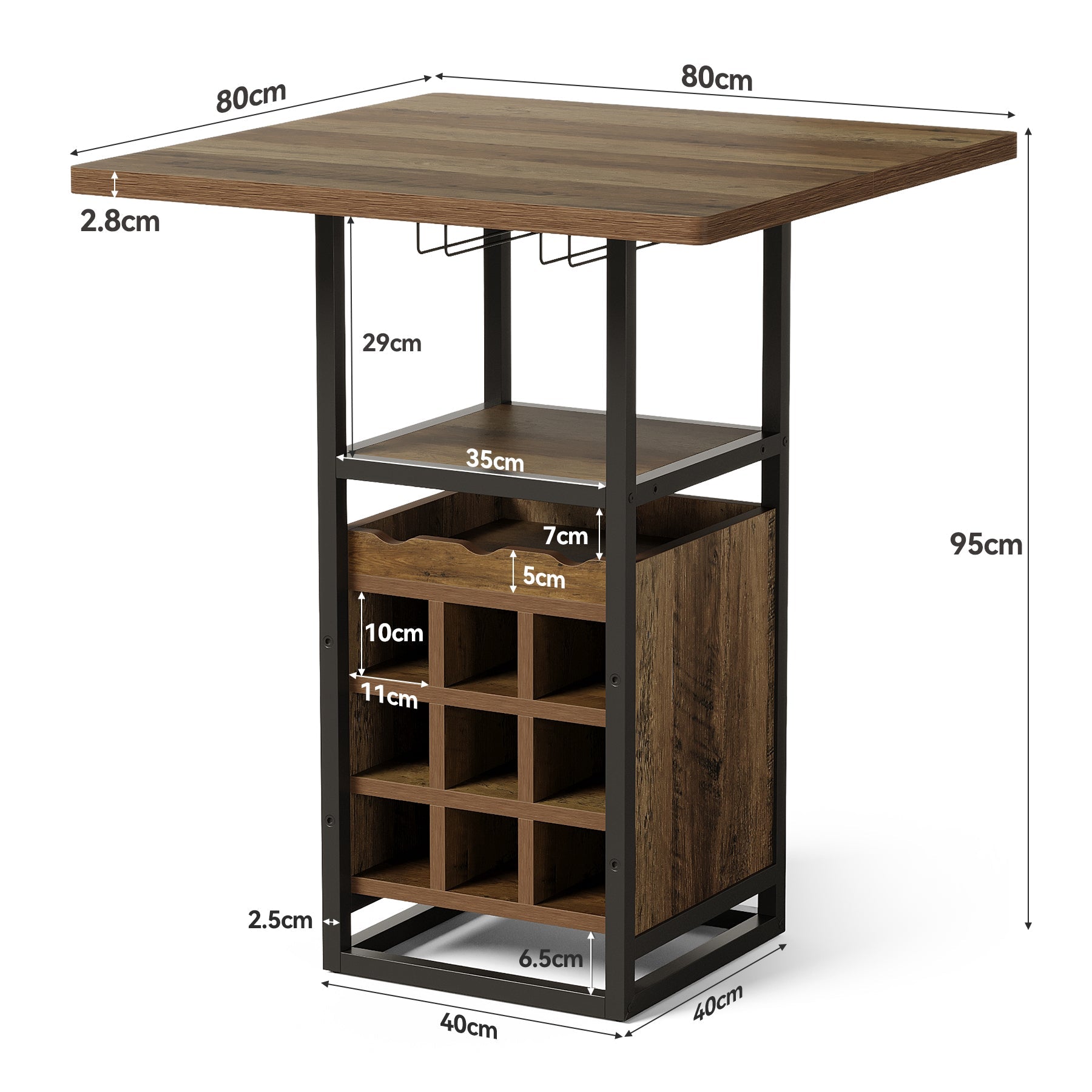 Tribesigns Table de bar 95 cm avec rangement, Table bistro étroite avec étagères, casier à vin et porte-verres