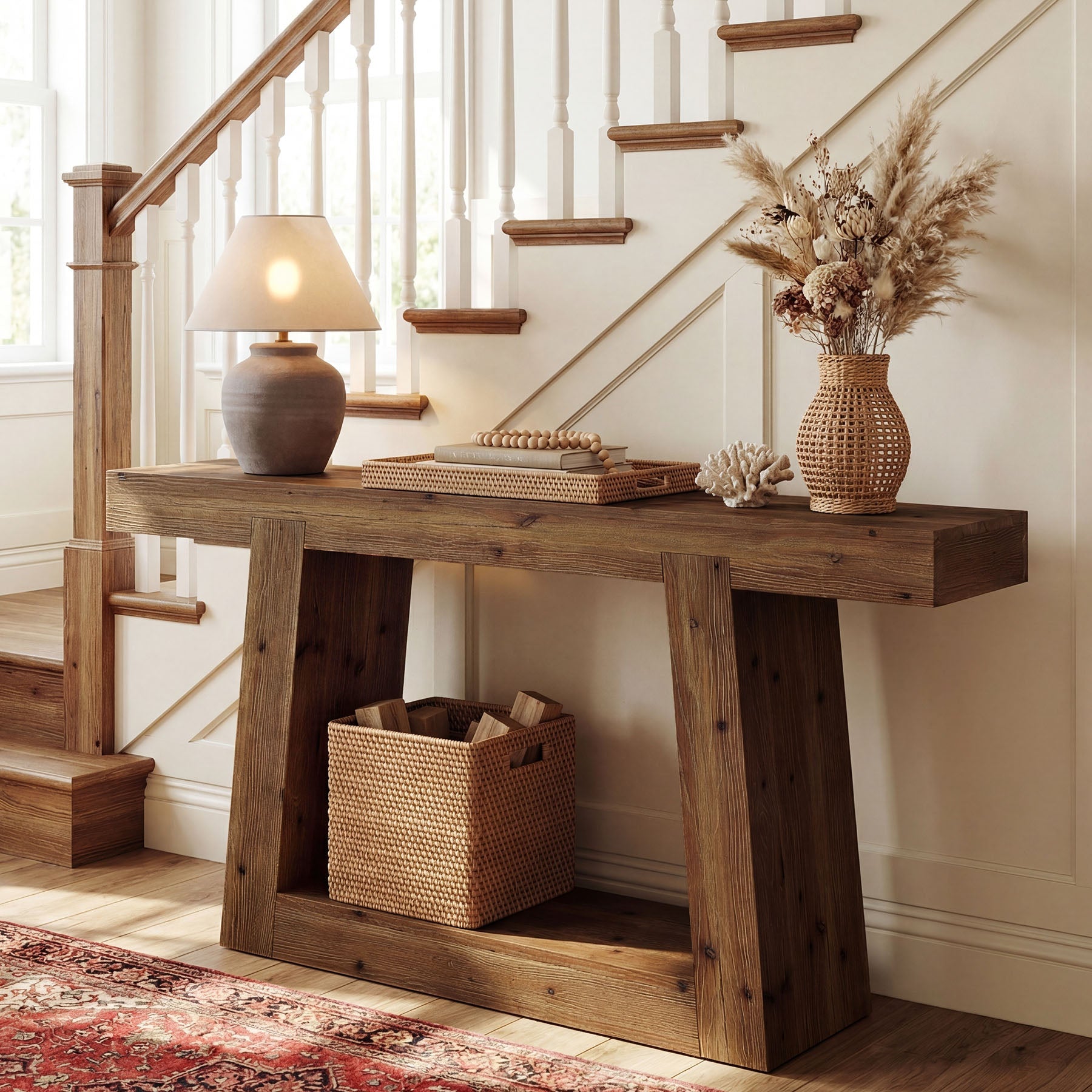 Tribesigns Console étroite en bois massif, Table d'entrée de 140 cm avec 2 étagères