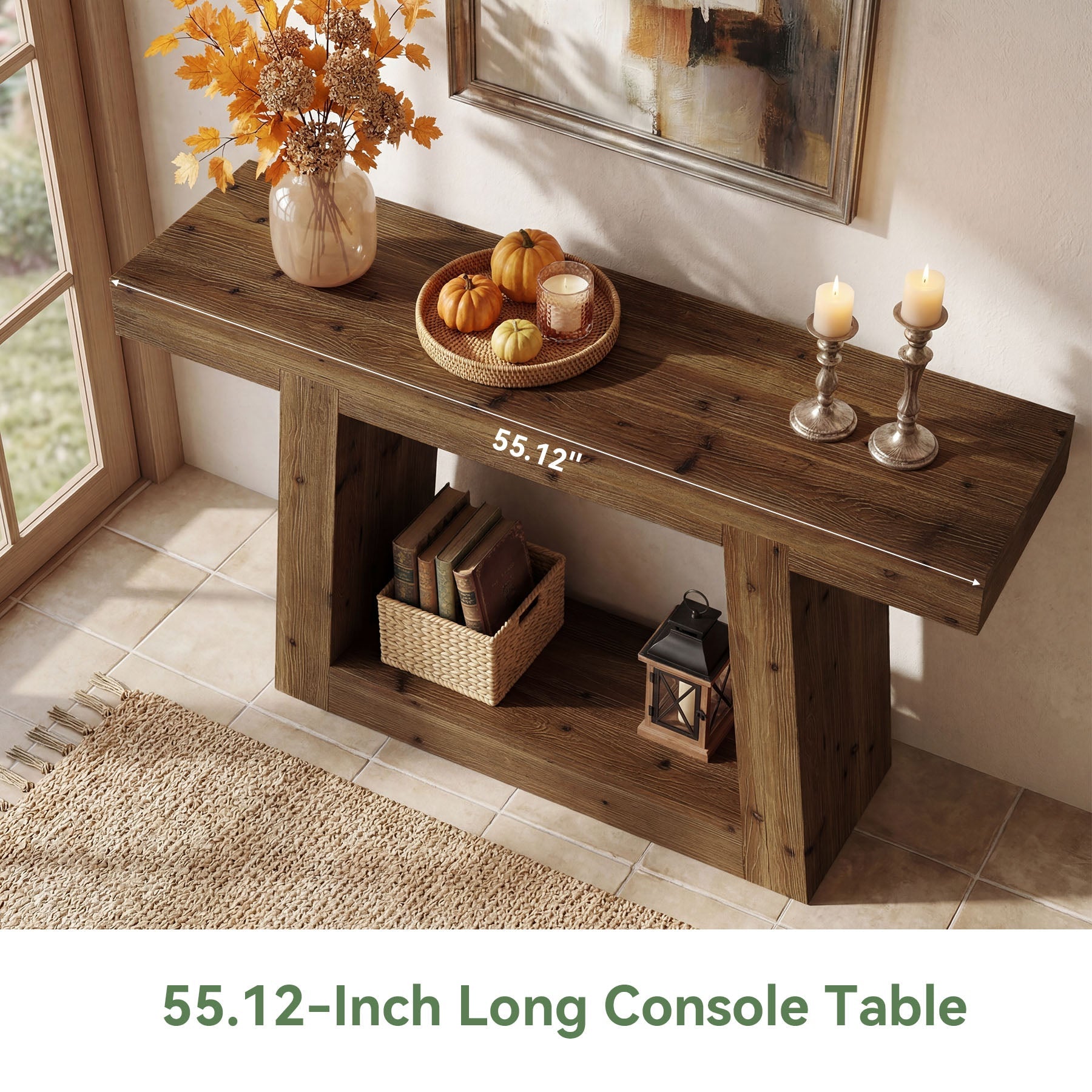 Tribesigns Console étroite en bois massif, Table d'entrée de 140 cm avec 2 étagères